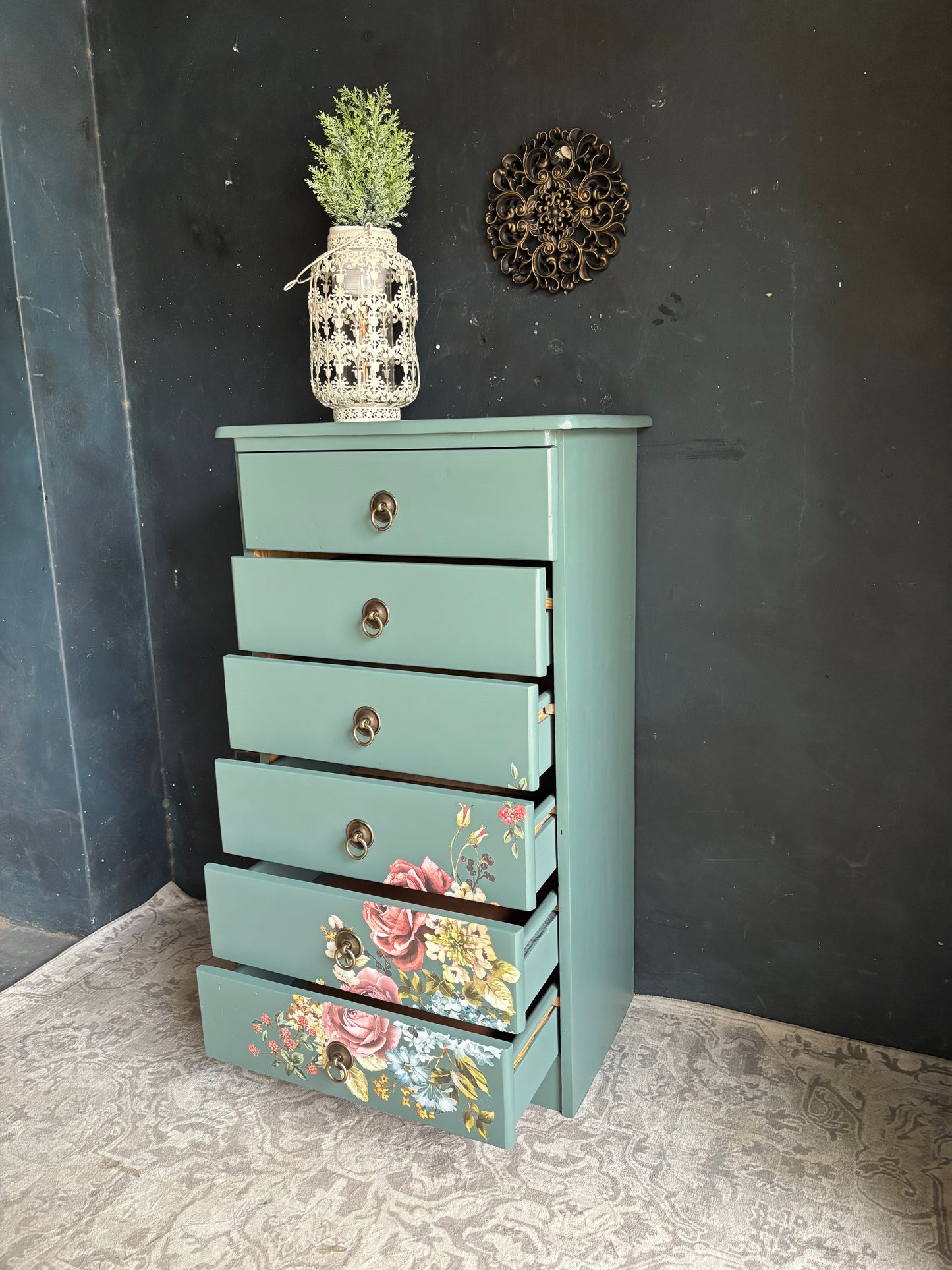 Floral Vibrant Teal Chest of Drawers