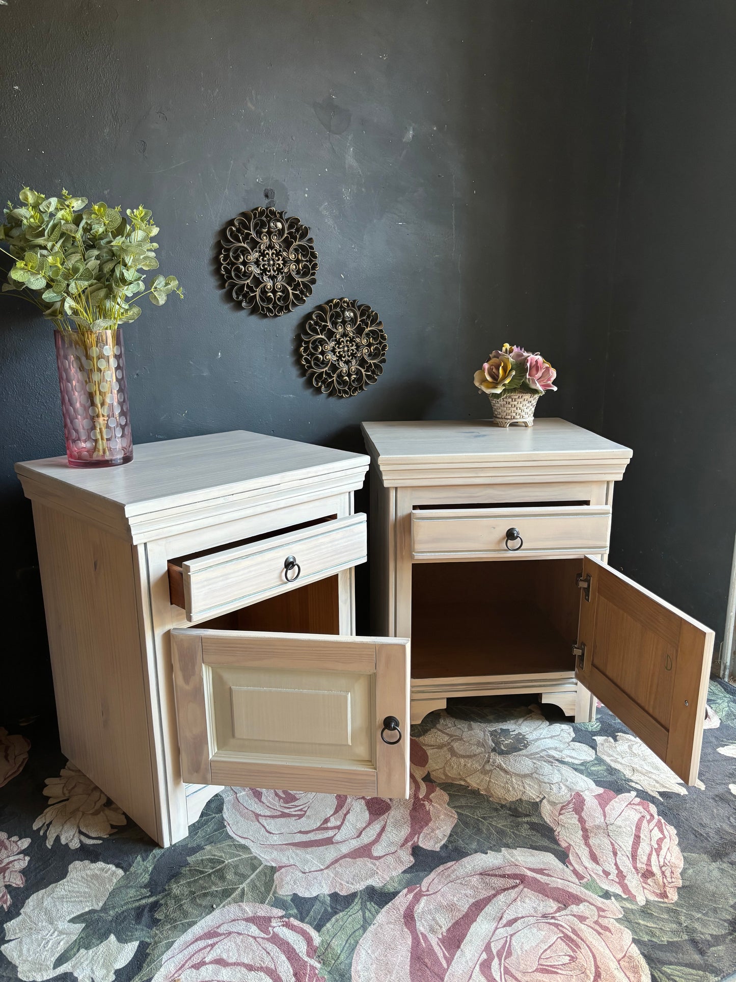 Pine Bedside Tables with Drawer and Cupboard
