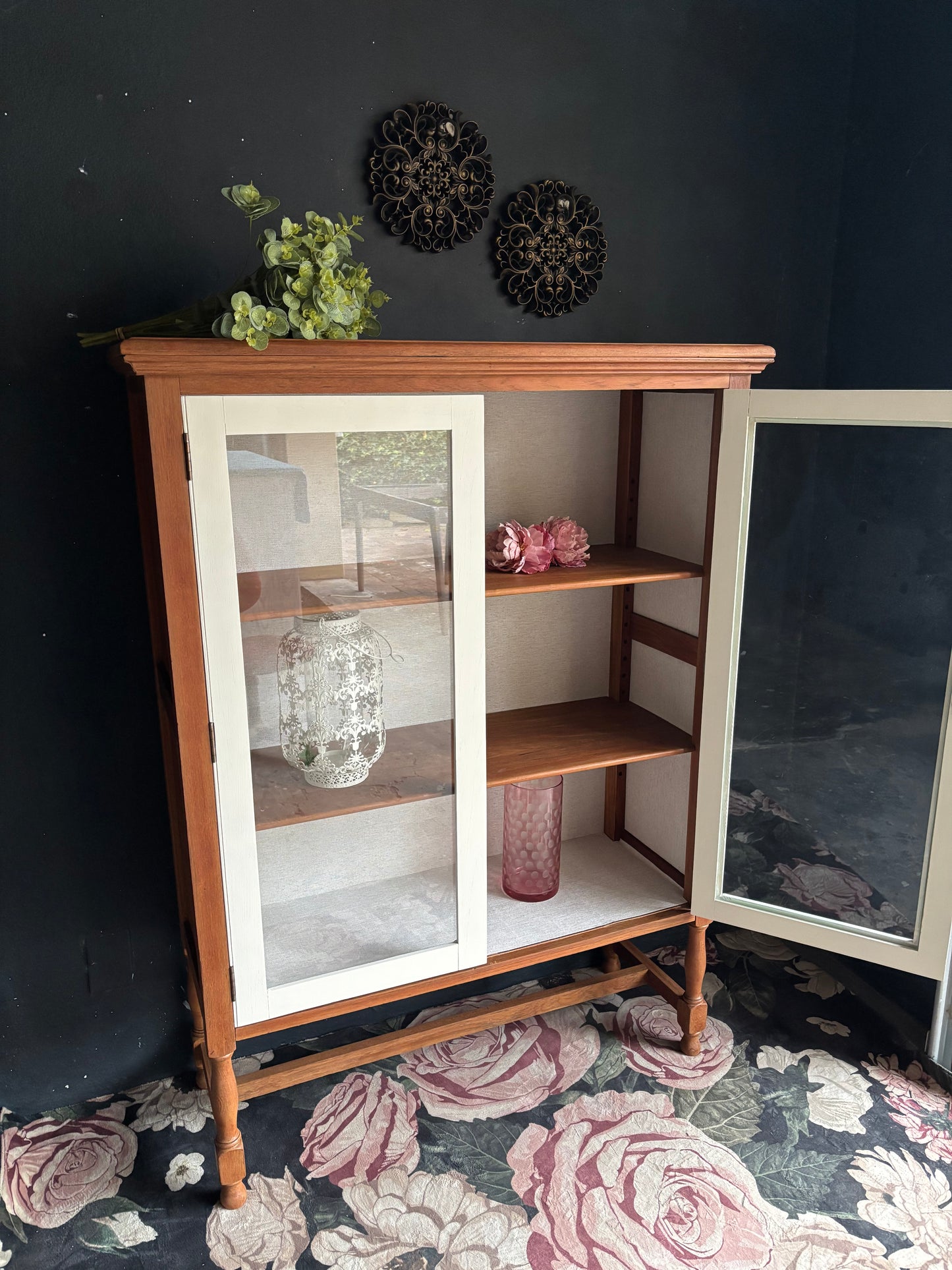 Vintage Teak & Linen Display Cabinet