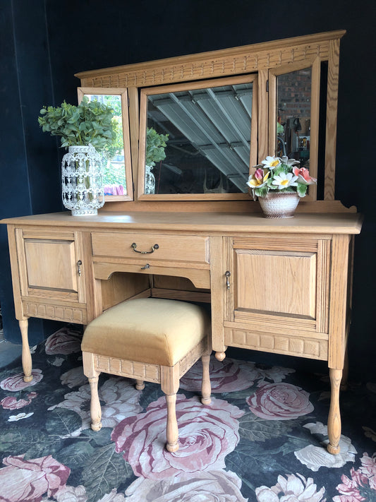 Vintage Solid Oak Vanity with Triple Mirror & Stool