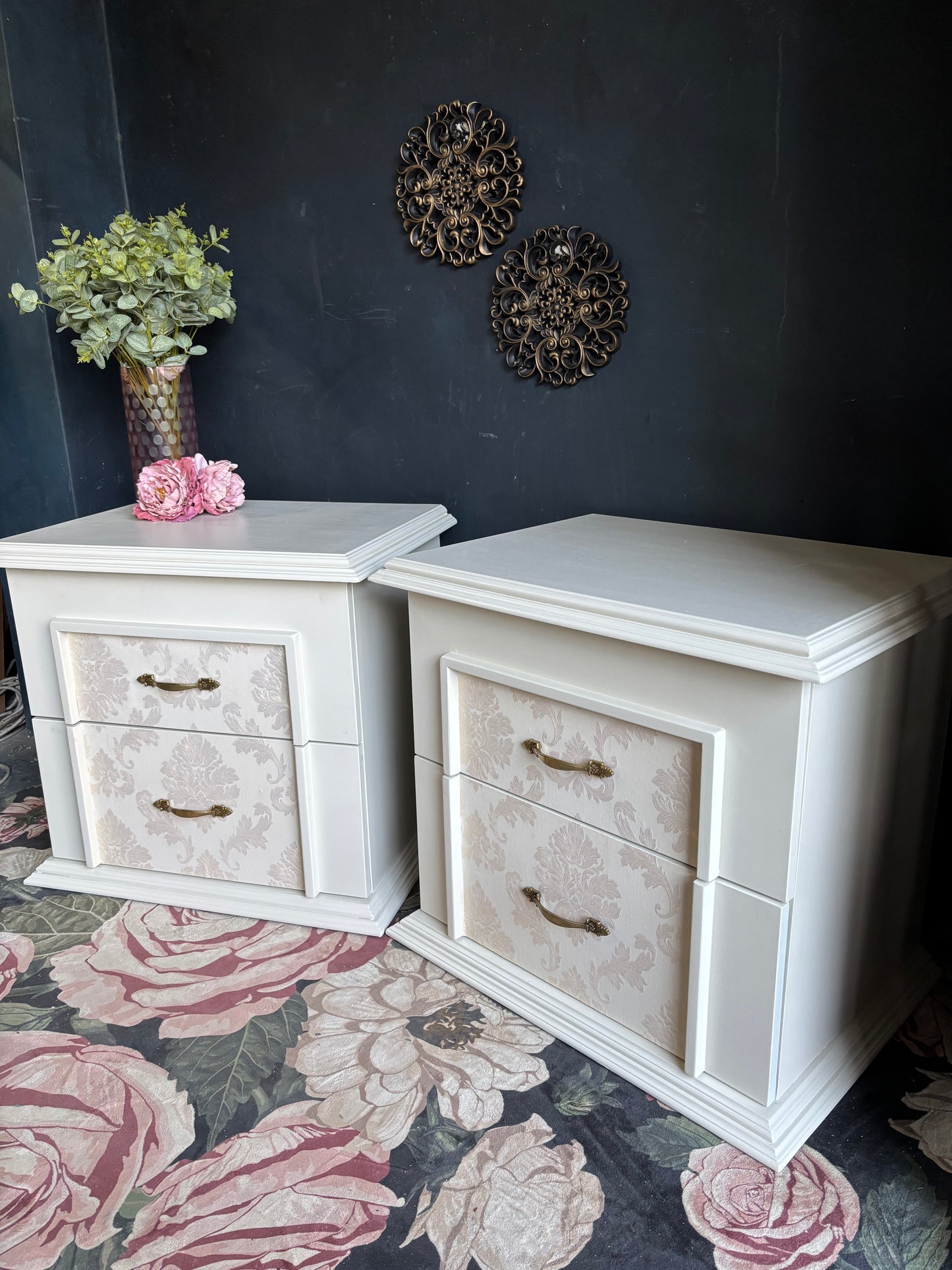 Elegant Oversized Cream Damask Nightstands (Set of 2)