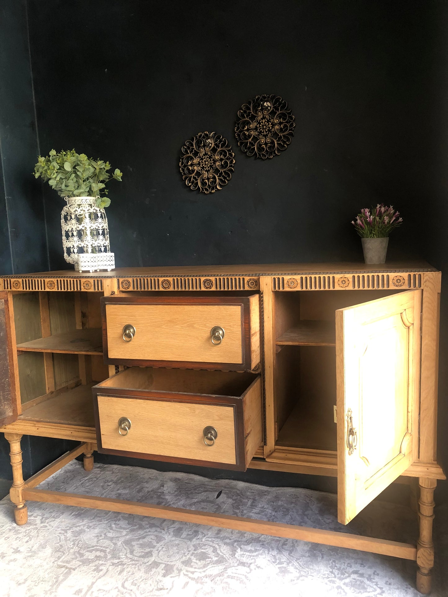 Solid Oak Vintage Sideboard with Carved Detail