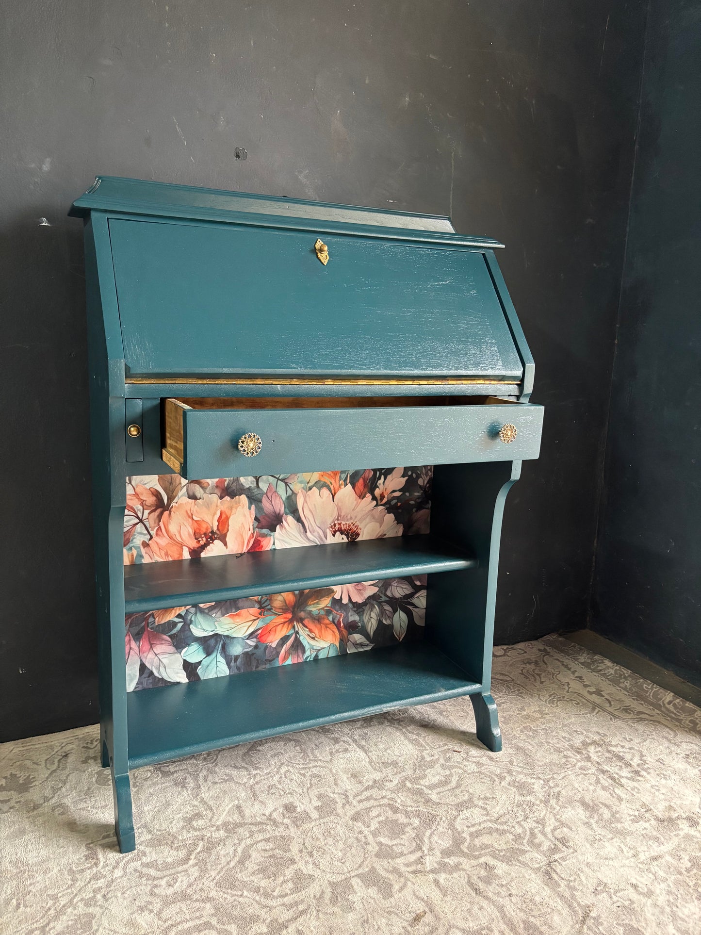 Teal Drop Front Writing Bureau