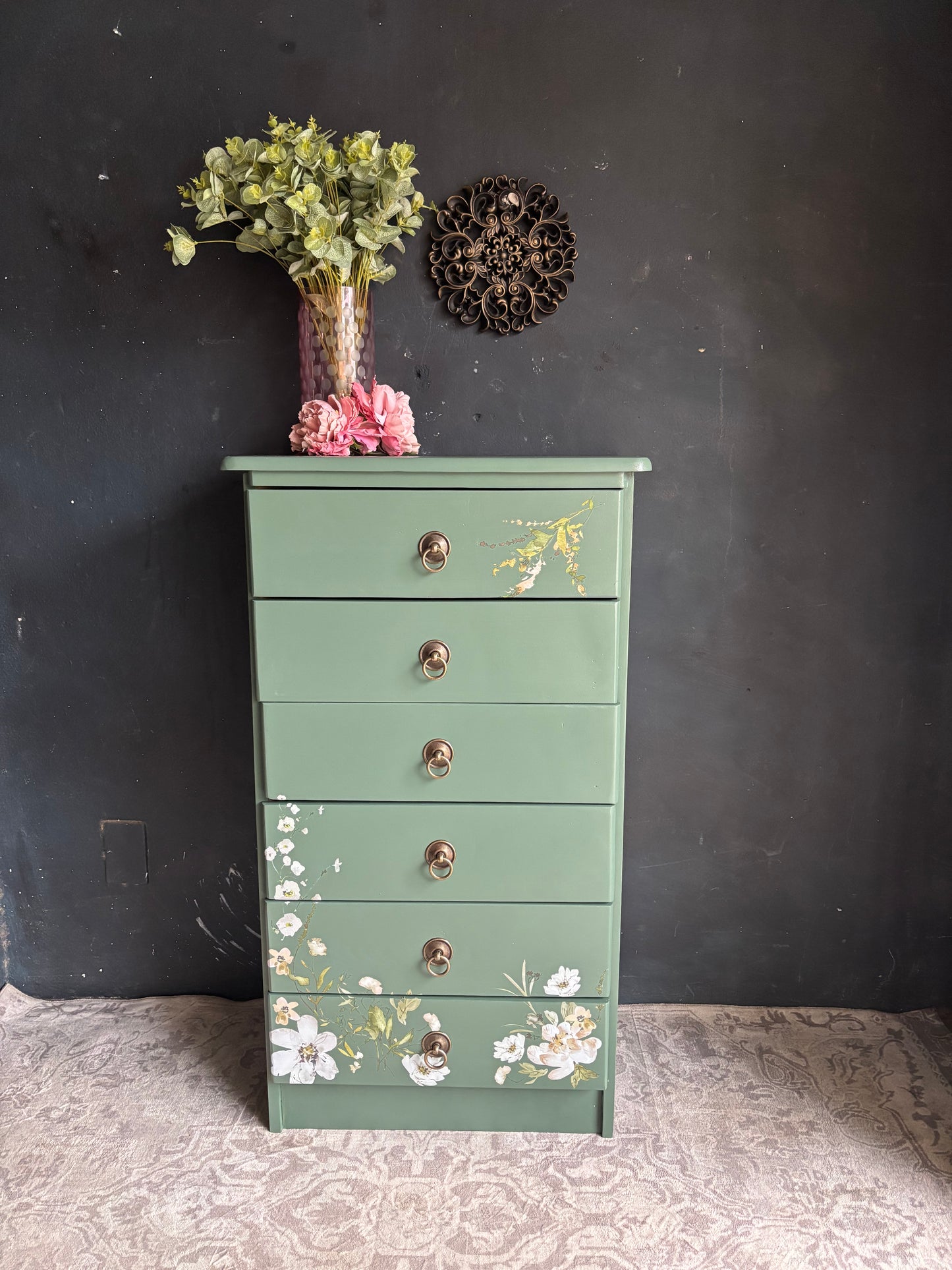 Floral Sage Green Tallboy Chest of Drawers