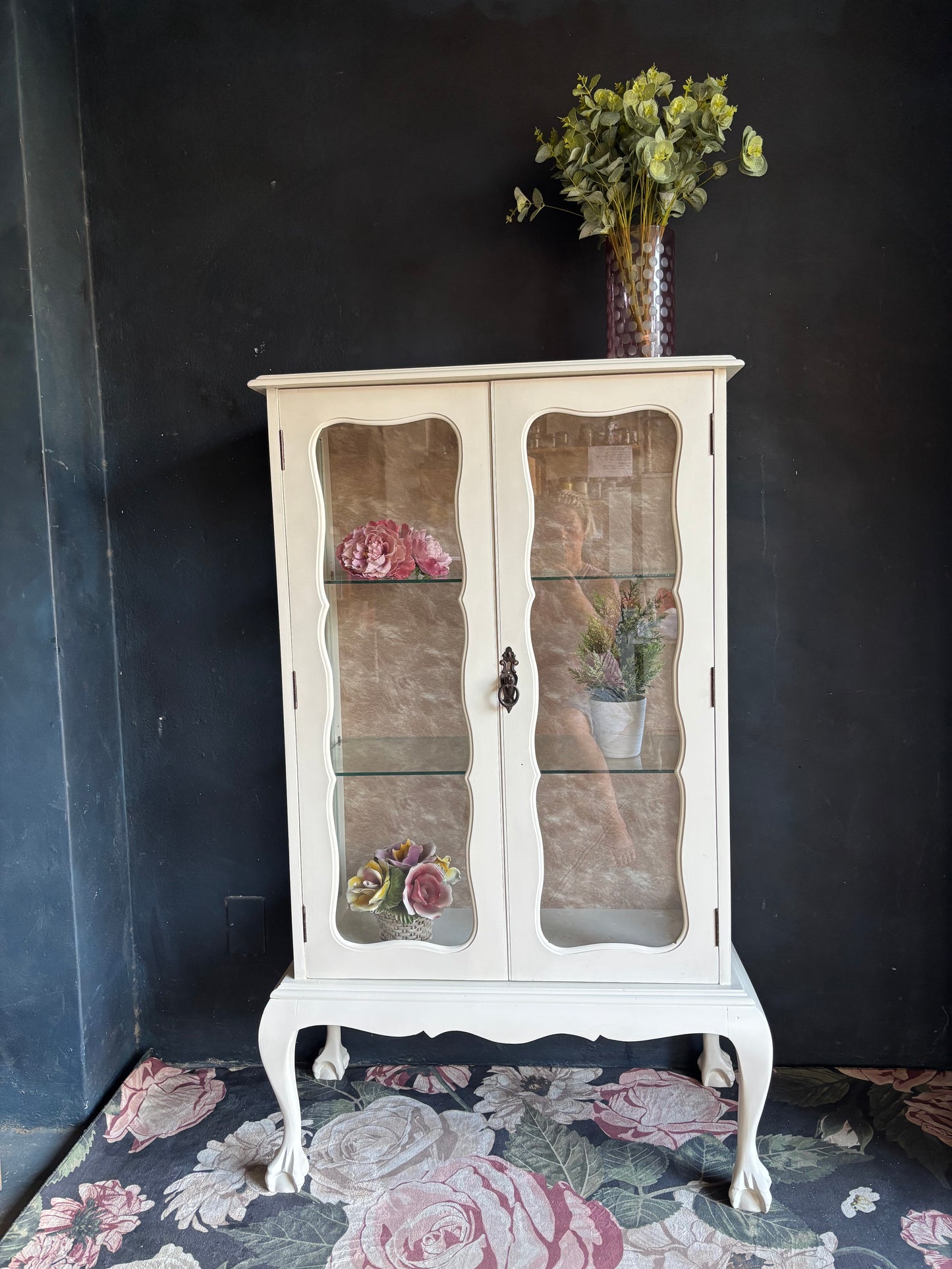Vintage French Style Cream Glass Display Cabinet