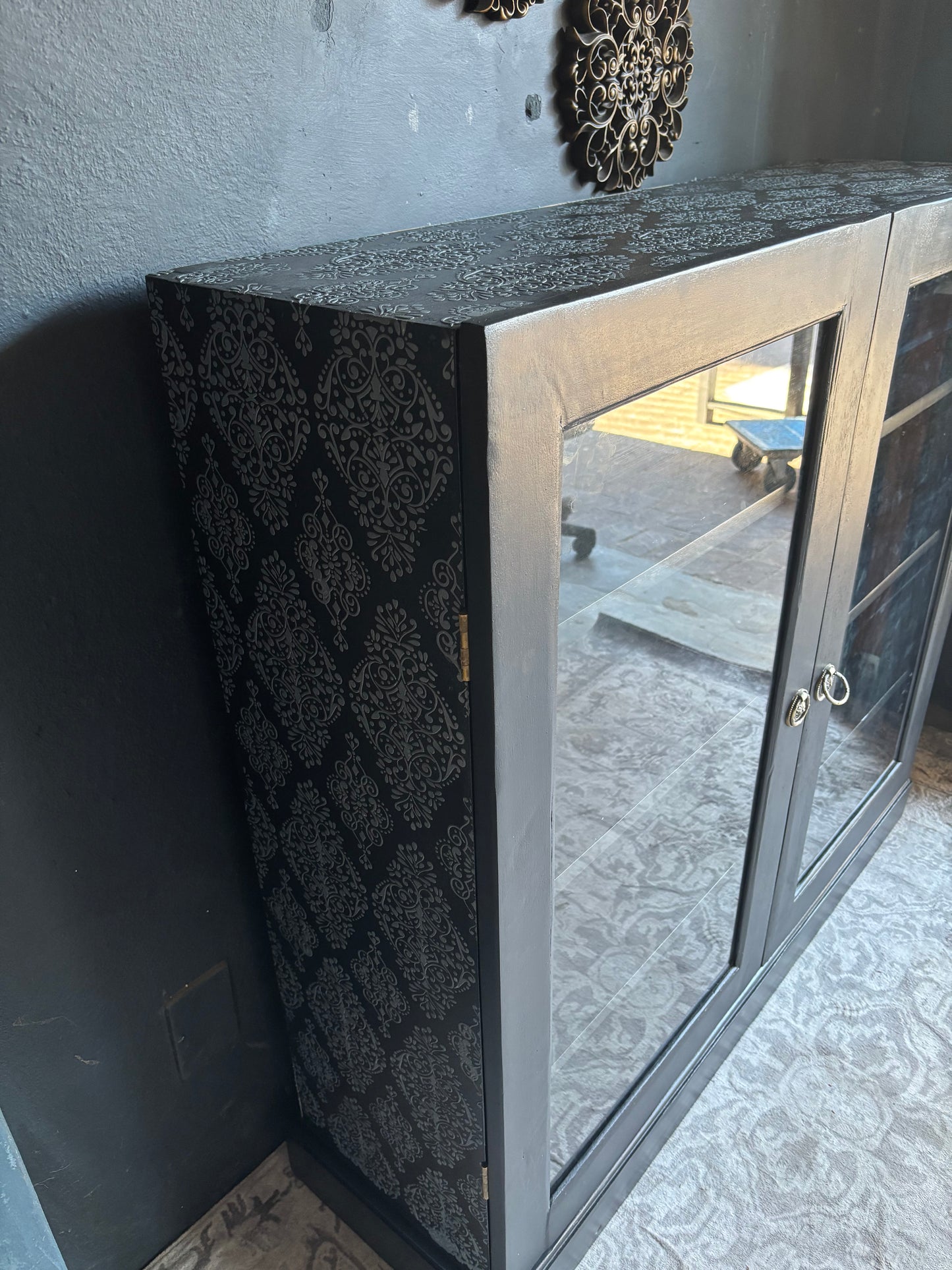 Navy Display Cabinet with Grey Raised Stencil Pattern