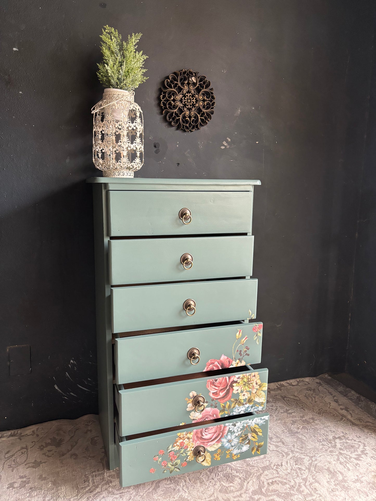 Floral Vibrant Teal Chest of Drawers