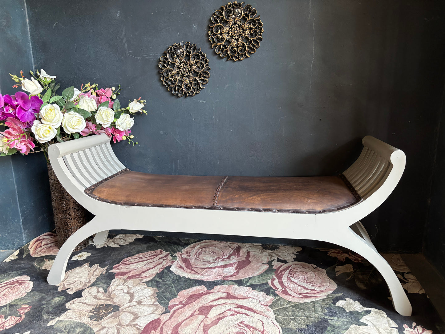 Curved Wooden Bench with Leather Seat