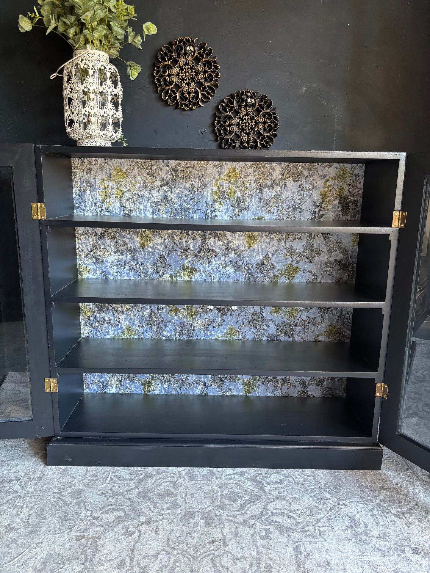 Navy Display Cabinet with Grey Raised Stencil Pattern