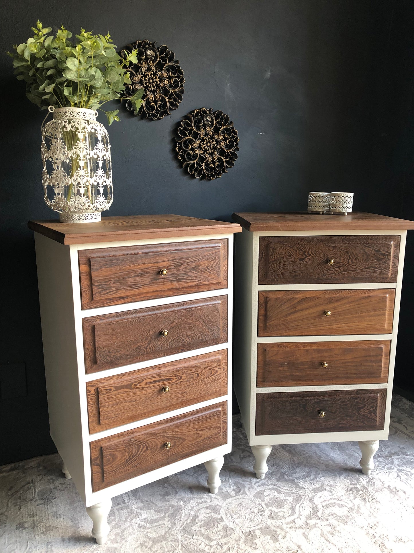 Pair of Tall 4-Drawer Bedside Chests – Solid Partridge Wood Tops & Drawer Fronts