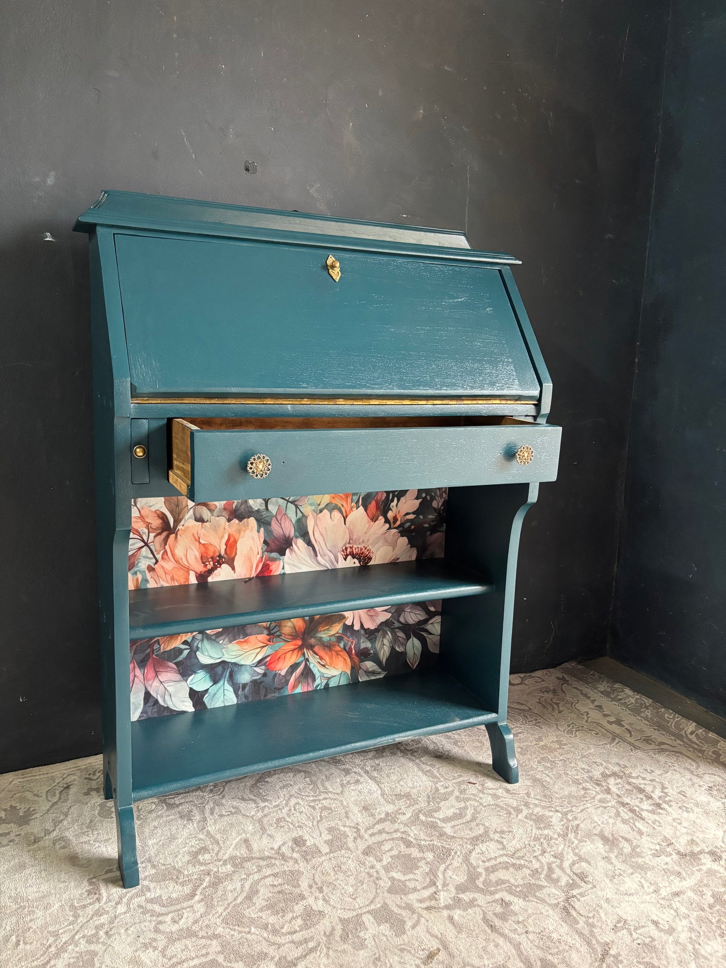 Teal Drop Front Writing Bureau