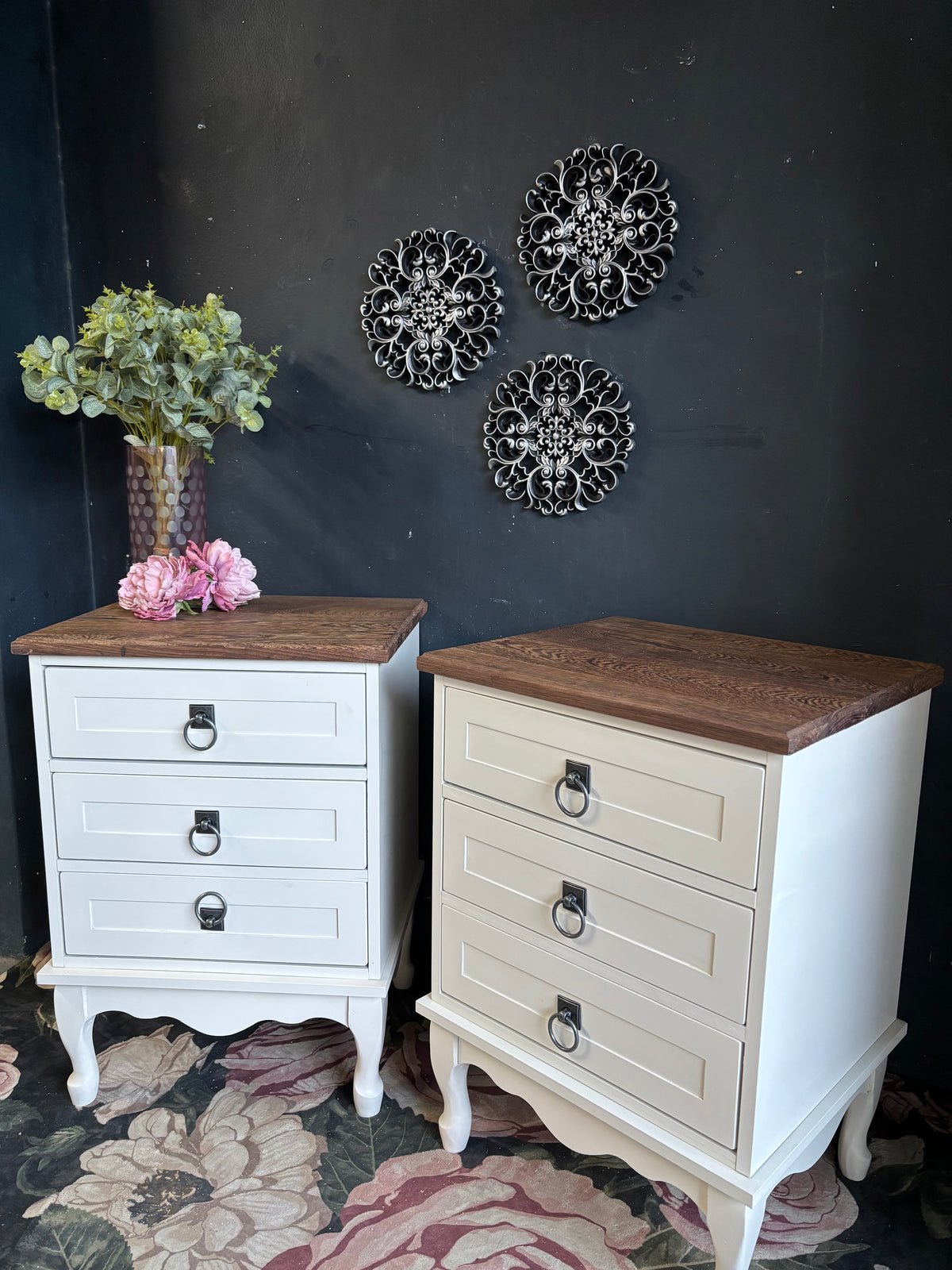 French Provincial Three-Drawer Bedside Tables with Solid Partridge Wood Tops