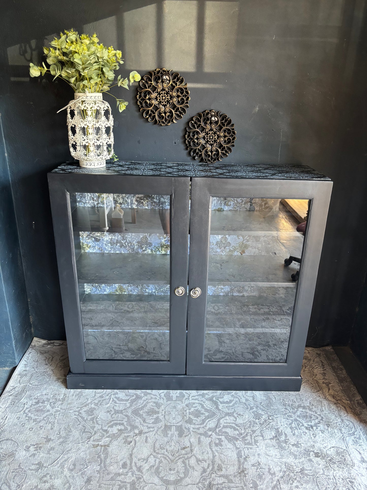 Navy Display Cabinet with Grey Raised Stencil Pattern