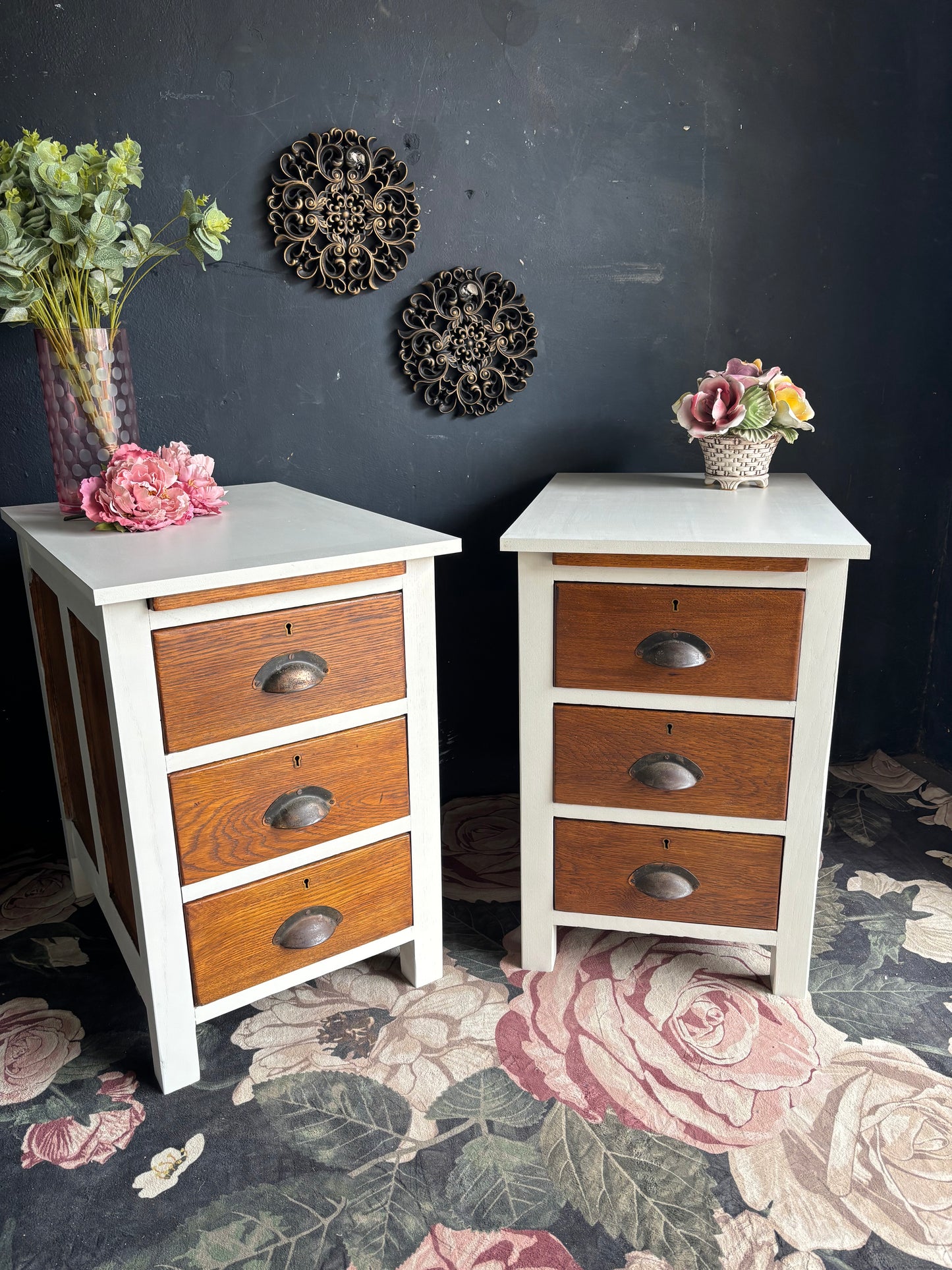 Vintage Oak & Soft White Bedside Tables (Pair)