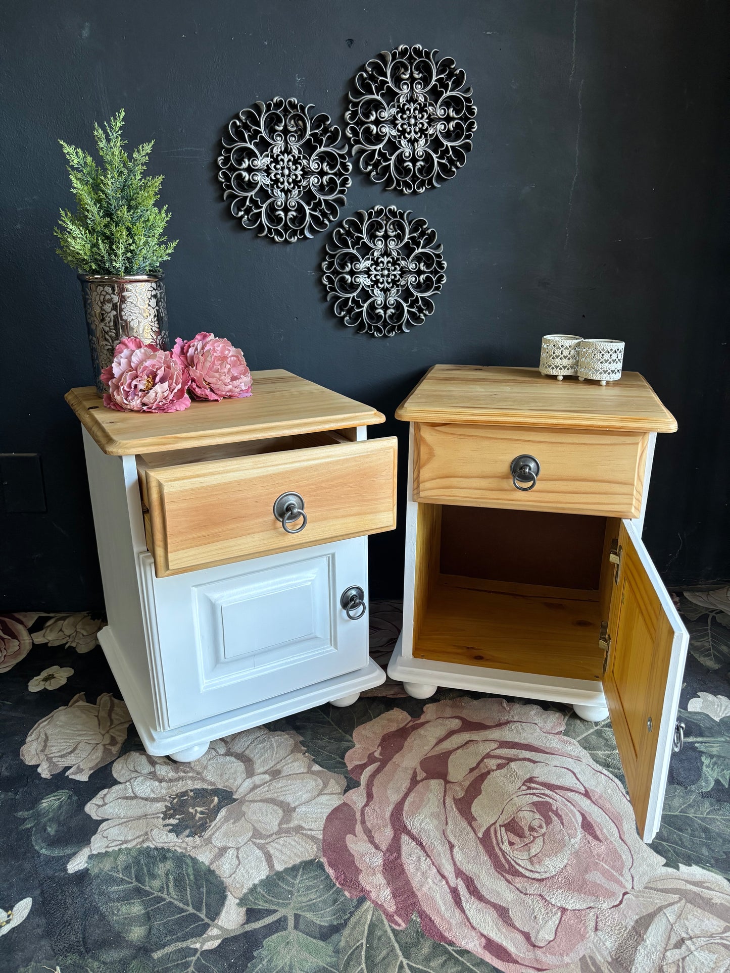 Pair of White & Pine Bedside Tables