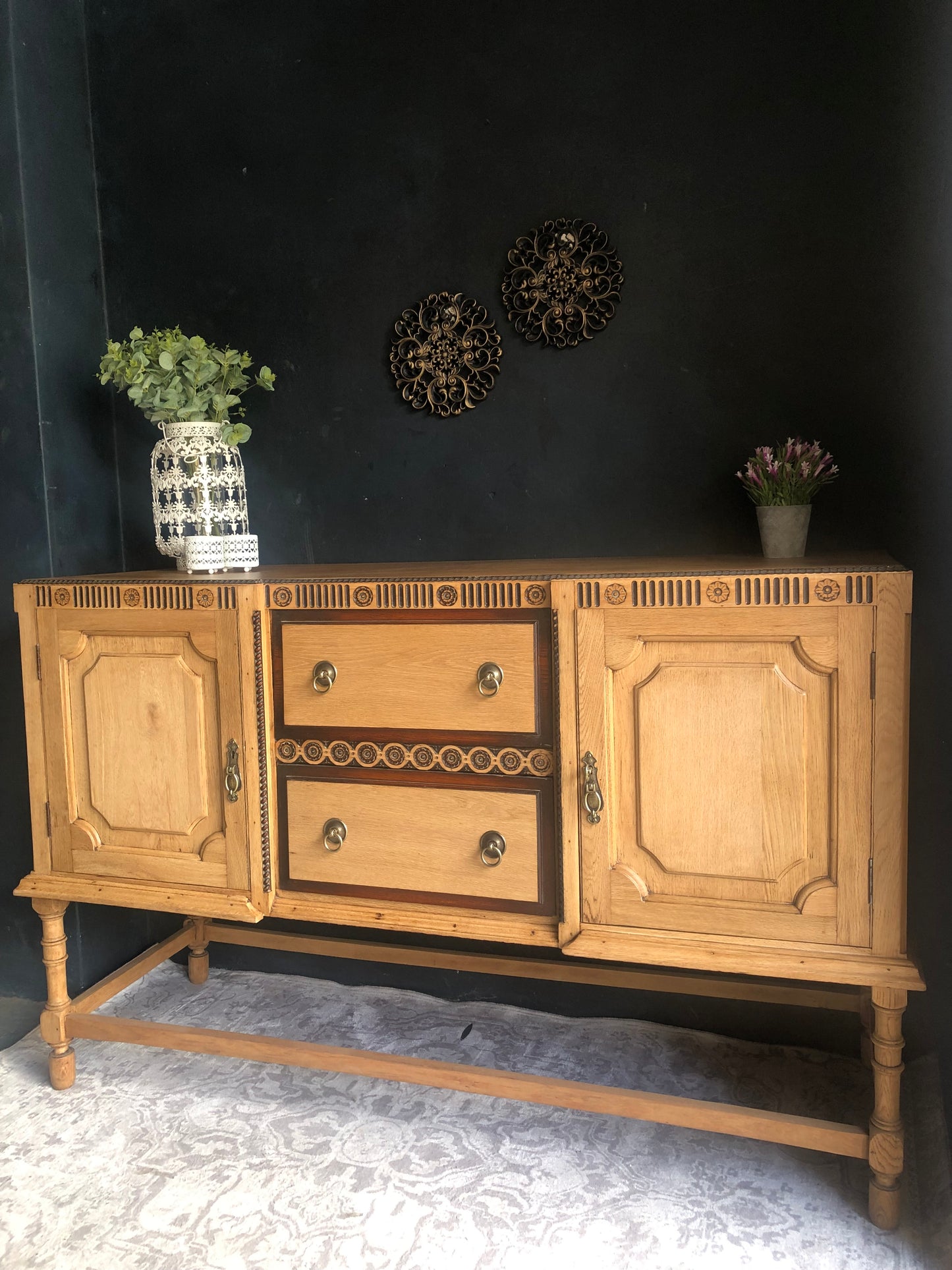 Solid Oak Vintage Sideboard with Carved Detail