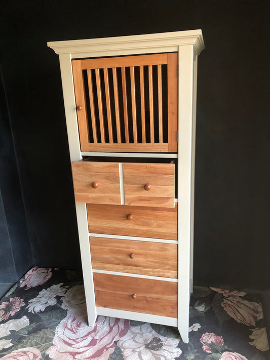 Beige & Natural Wood Tallboy Cabinet – Vertical Slatted Door + 4 Drawers