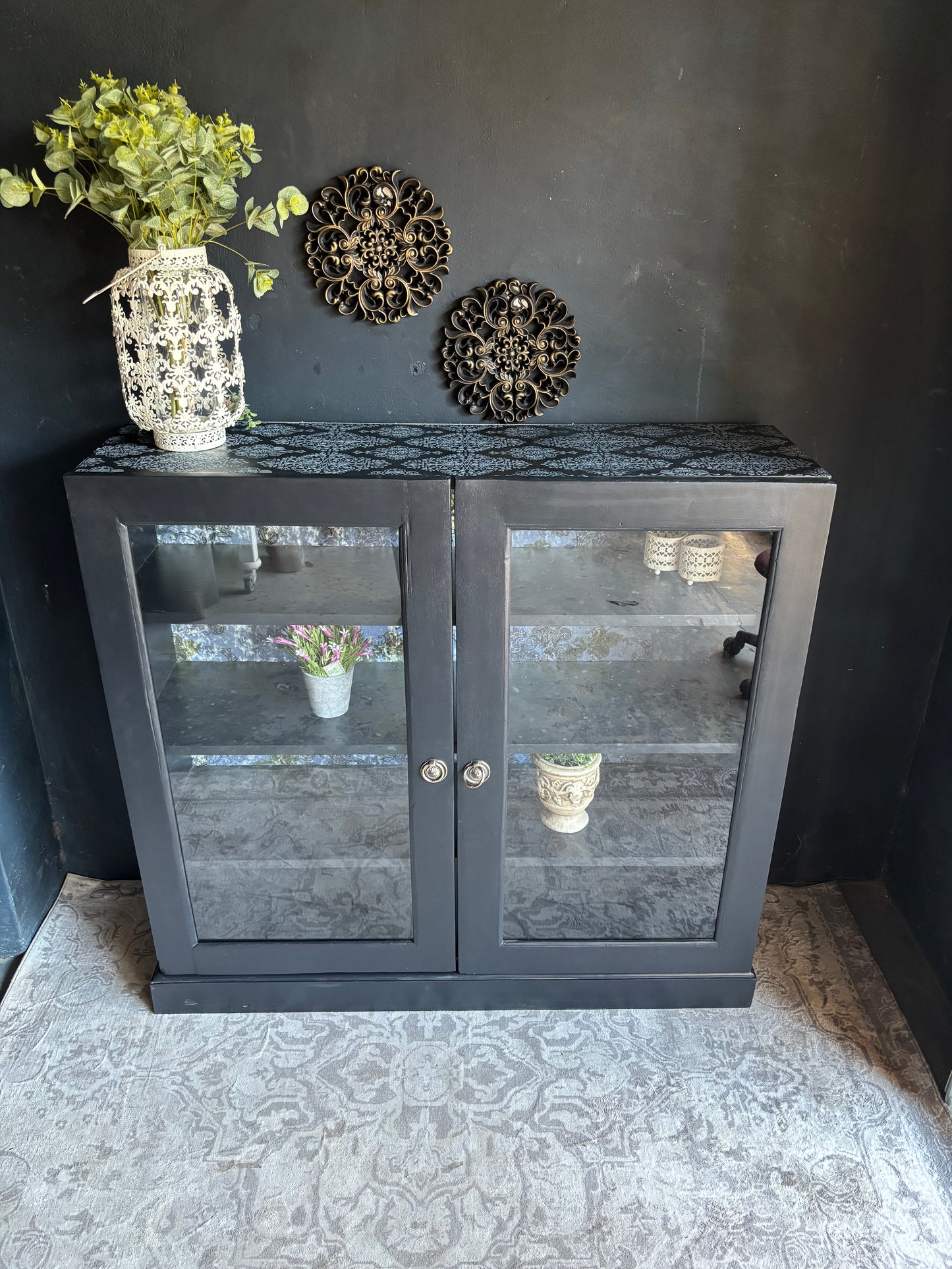 Navy Display Cabinet with Grey Raised Stencil Pattern
