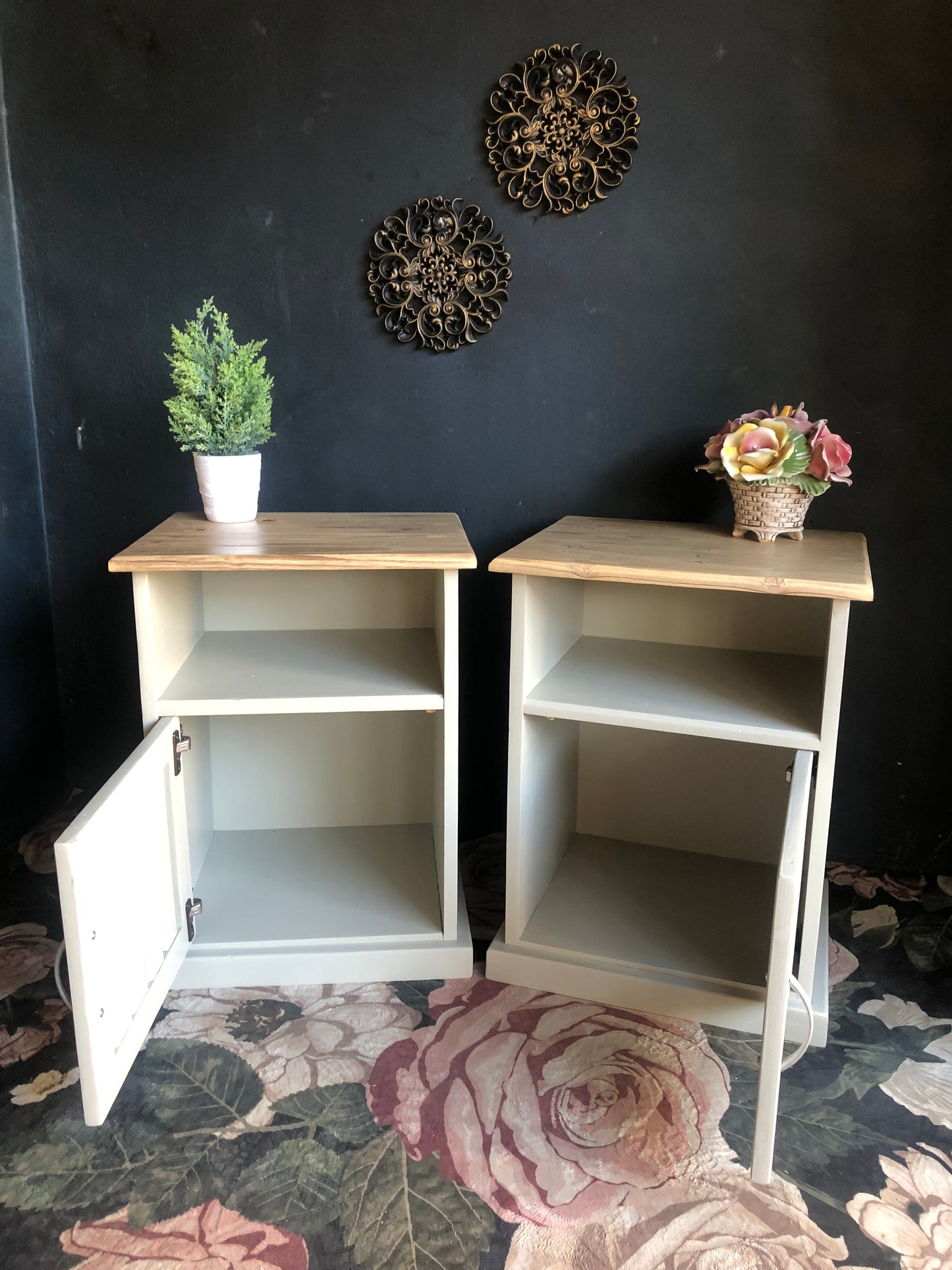 Pair of Bedside Tables with Slatted Door Design