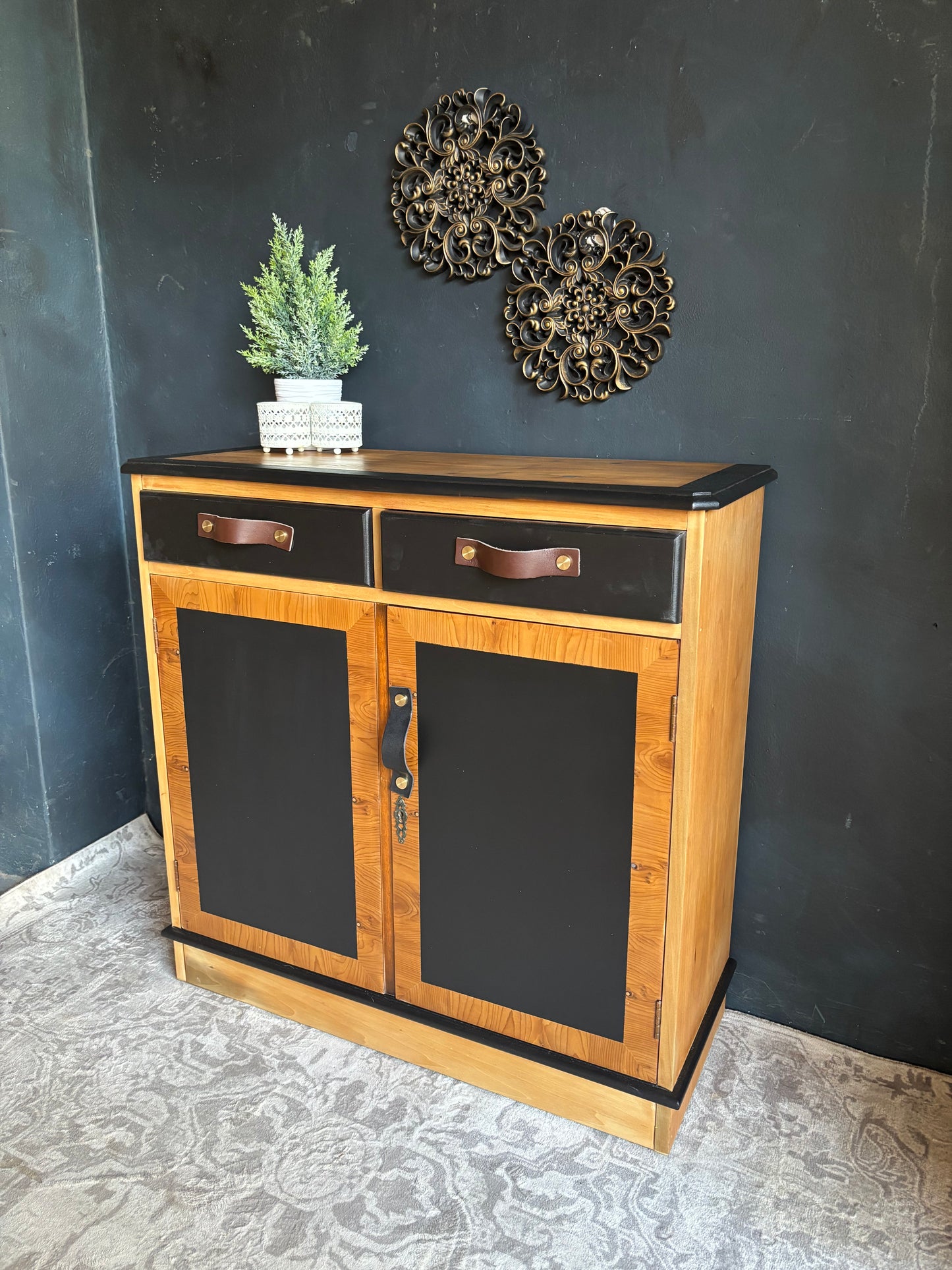 Two-Tone Cabinet with Leather Handles – Rustic Modern Charm