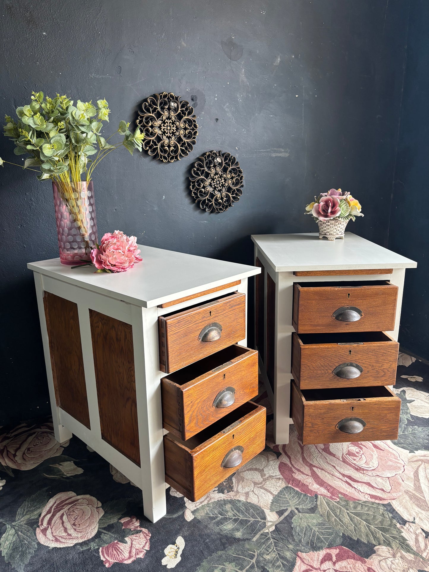 Vintage Oak & Soft White Bedside Tables (Pair)