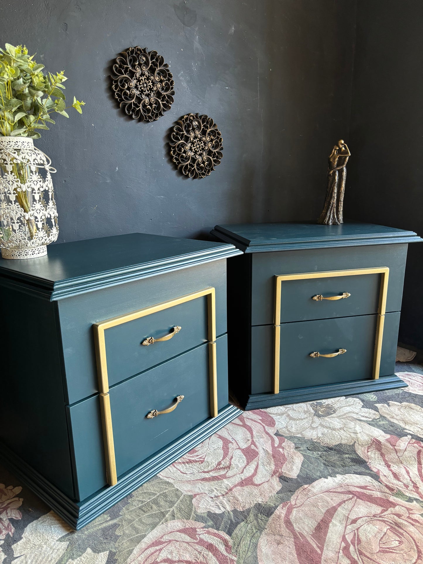 Teal & Gold Accent Bedside Tables (Set of 2)