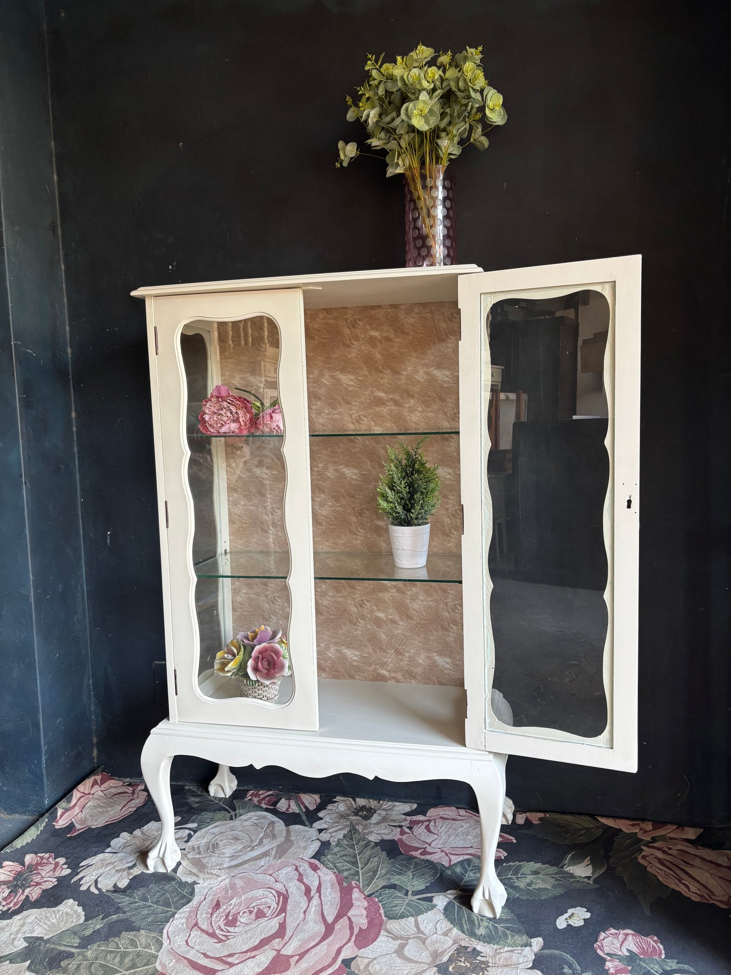 Vintage French Style Cream Glass Display Cabinet