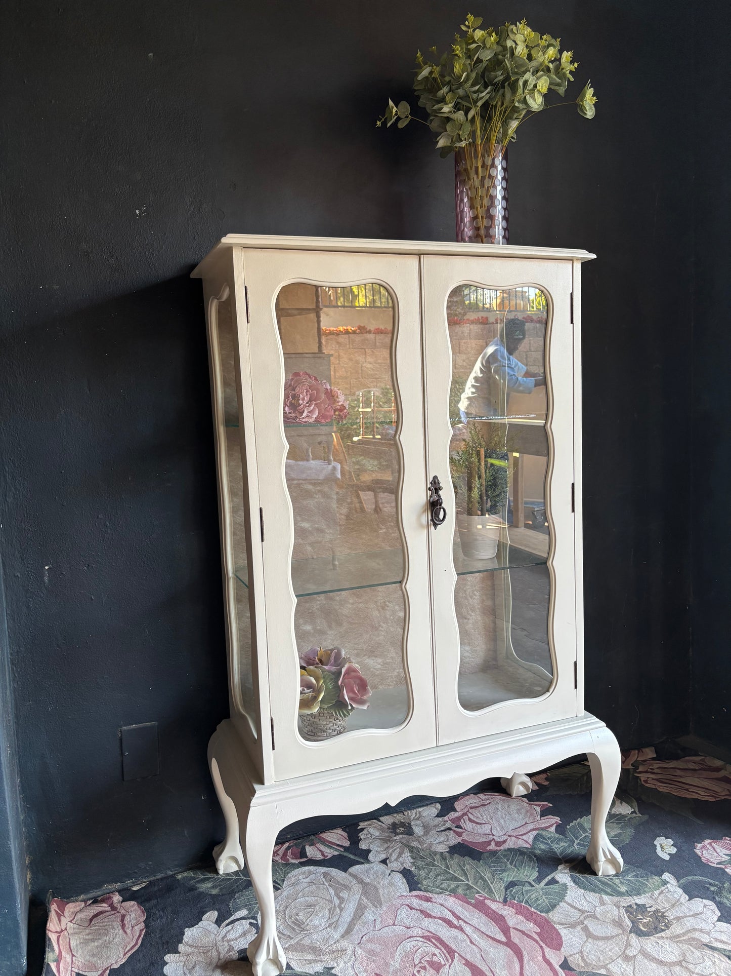 Vintage French Style Cream Glass Display Cabinet