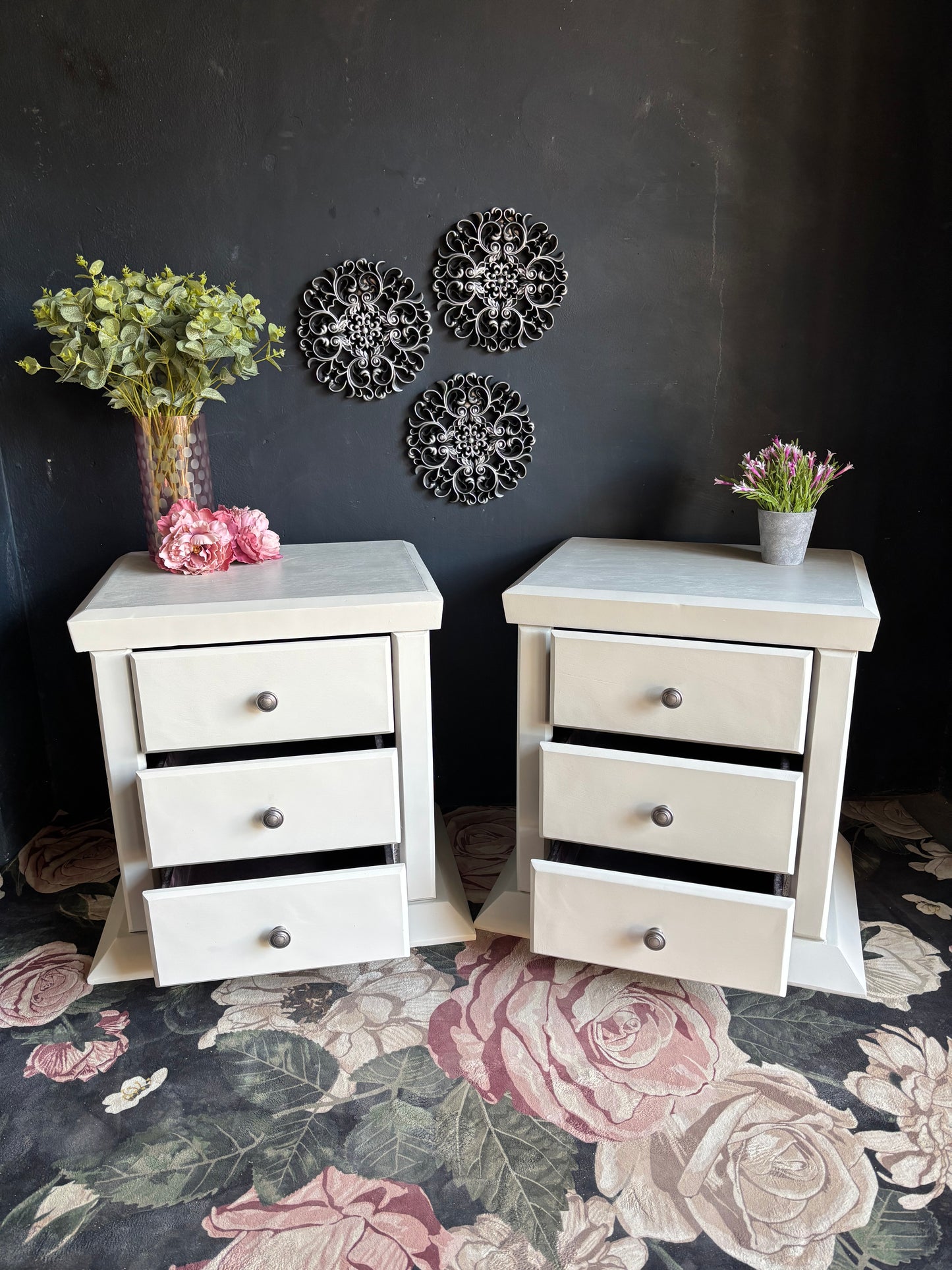 Pair of Soft White Three Drawer Bedside Tables