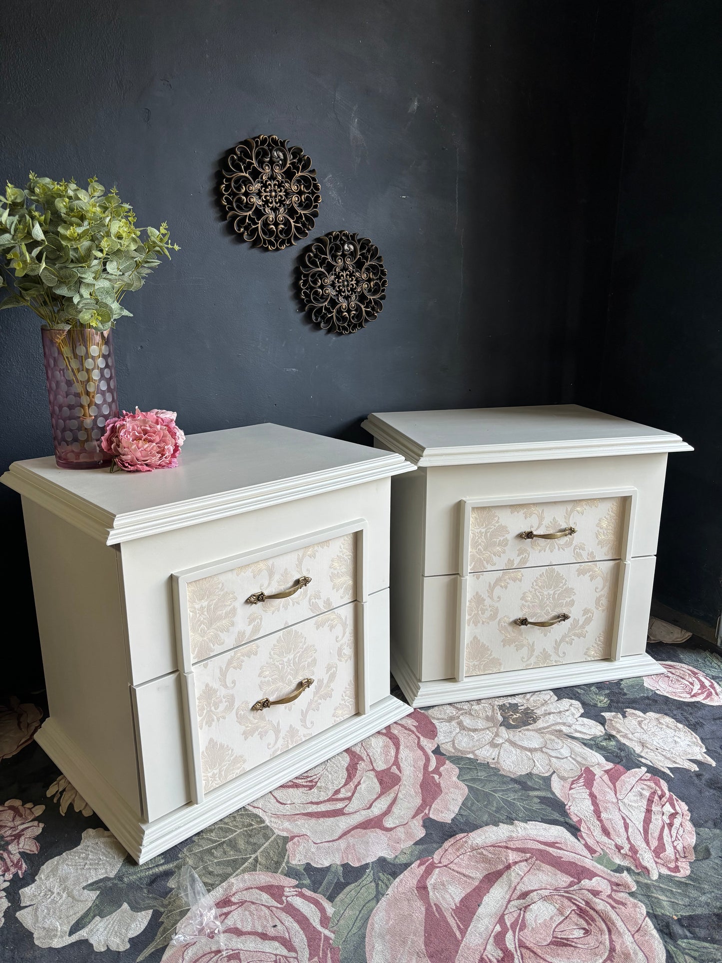 Elegant Oversized Cream Damask Nightstands (Set of 2)