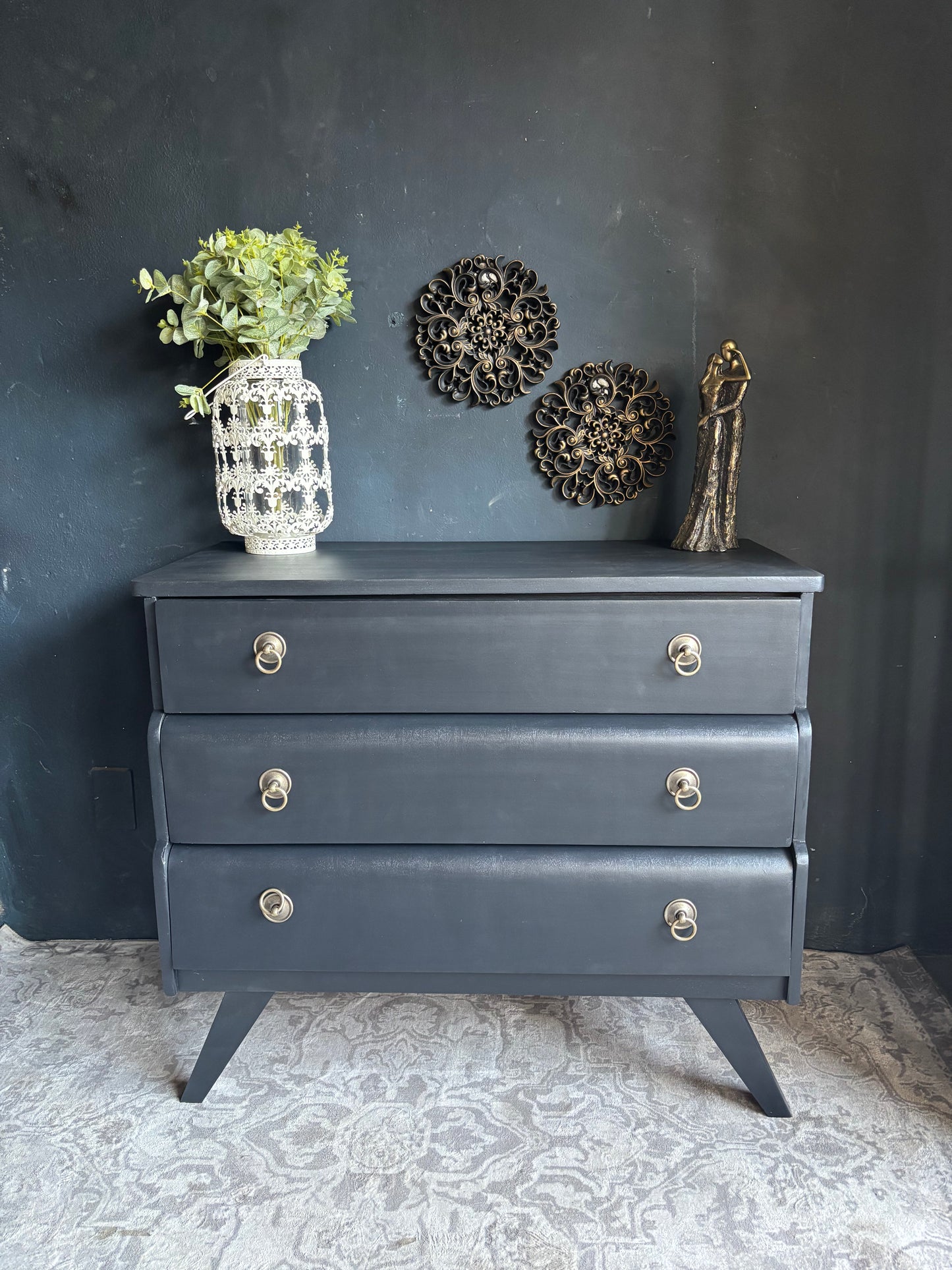 Navy 3 Drawer Chest with Brass Ring Handles