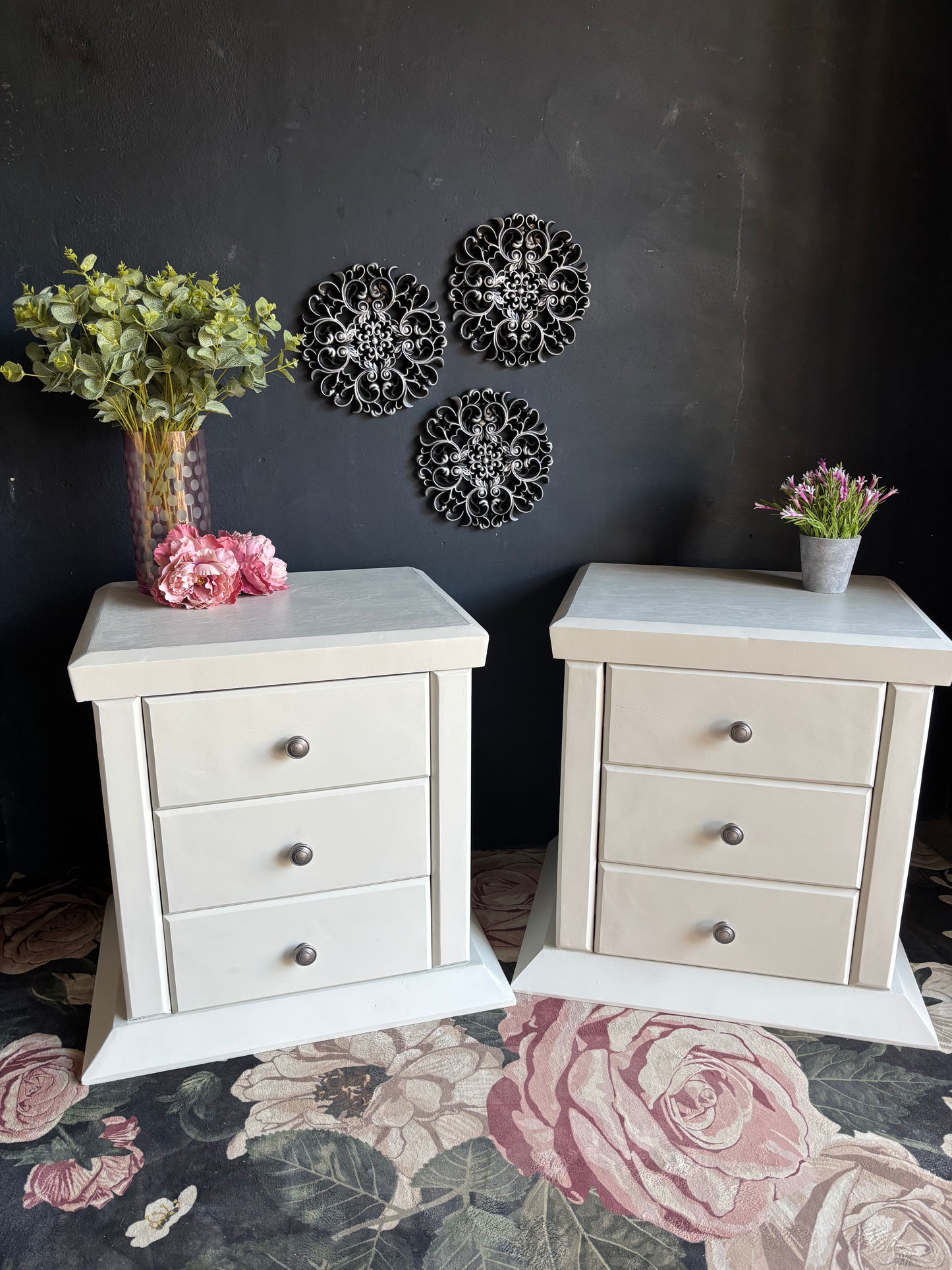 Pair of Soft White Three Drawer Bedside Tables