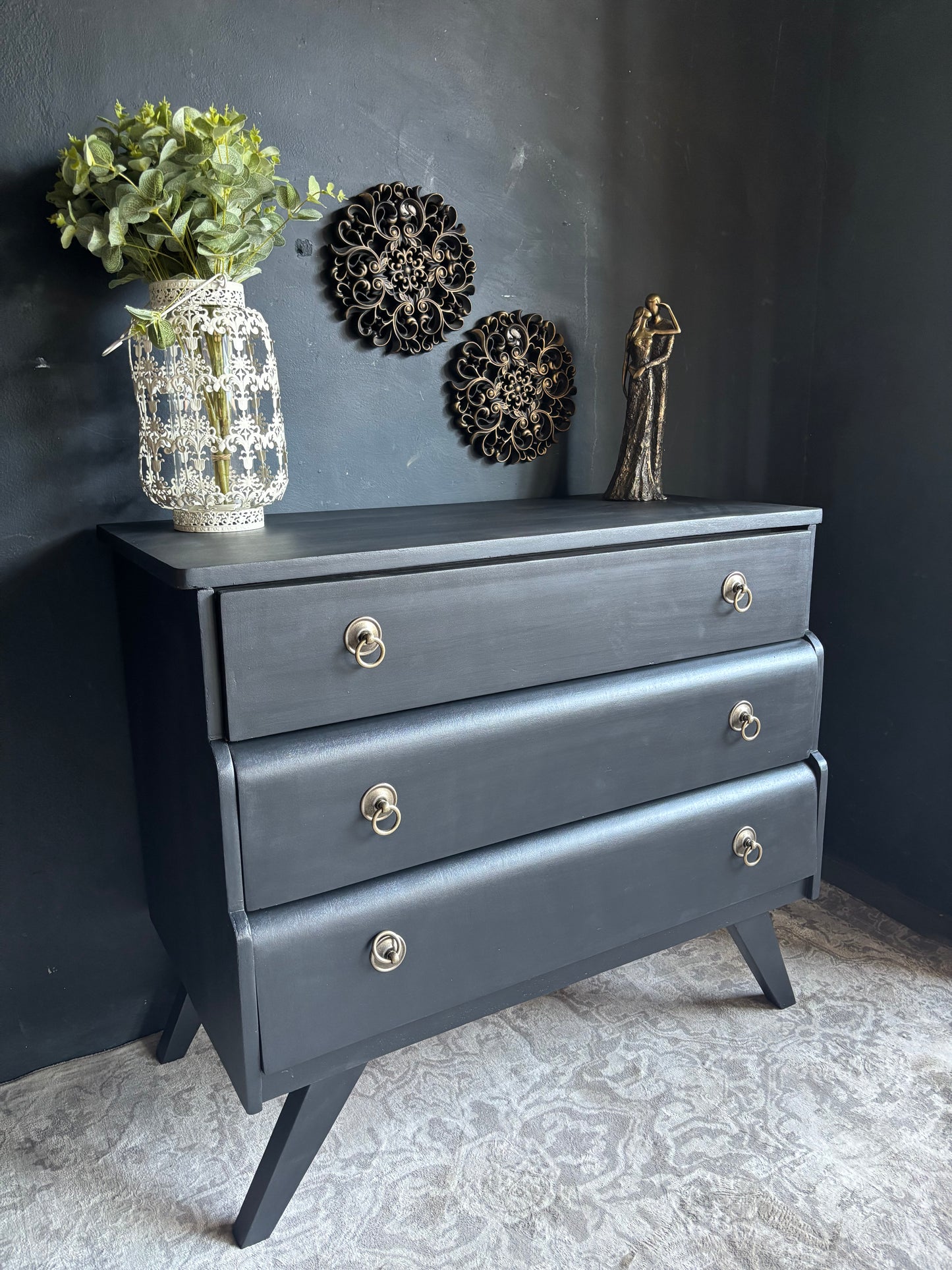 Navy 3 Drawer Chest with Brass Ring Handles