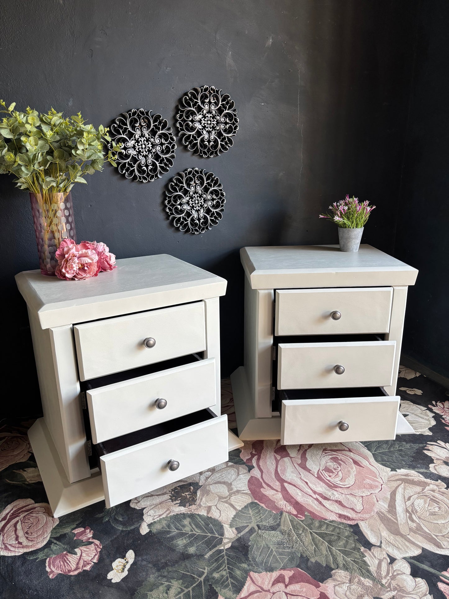 Pair of Soft White Three Drawer Bedside Tables