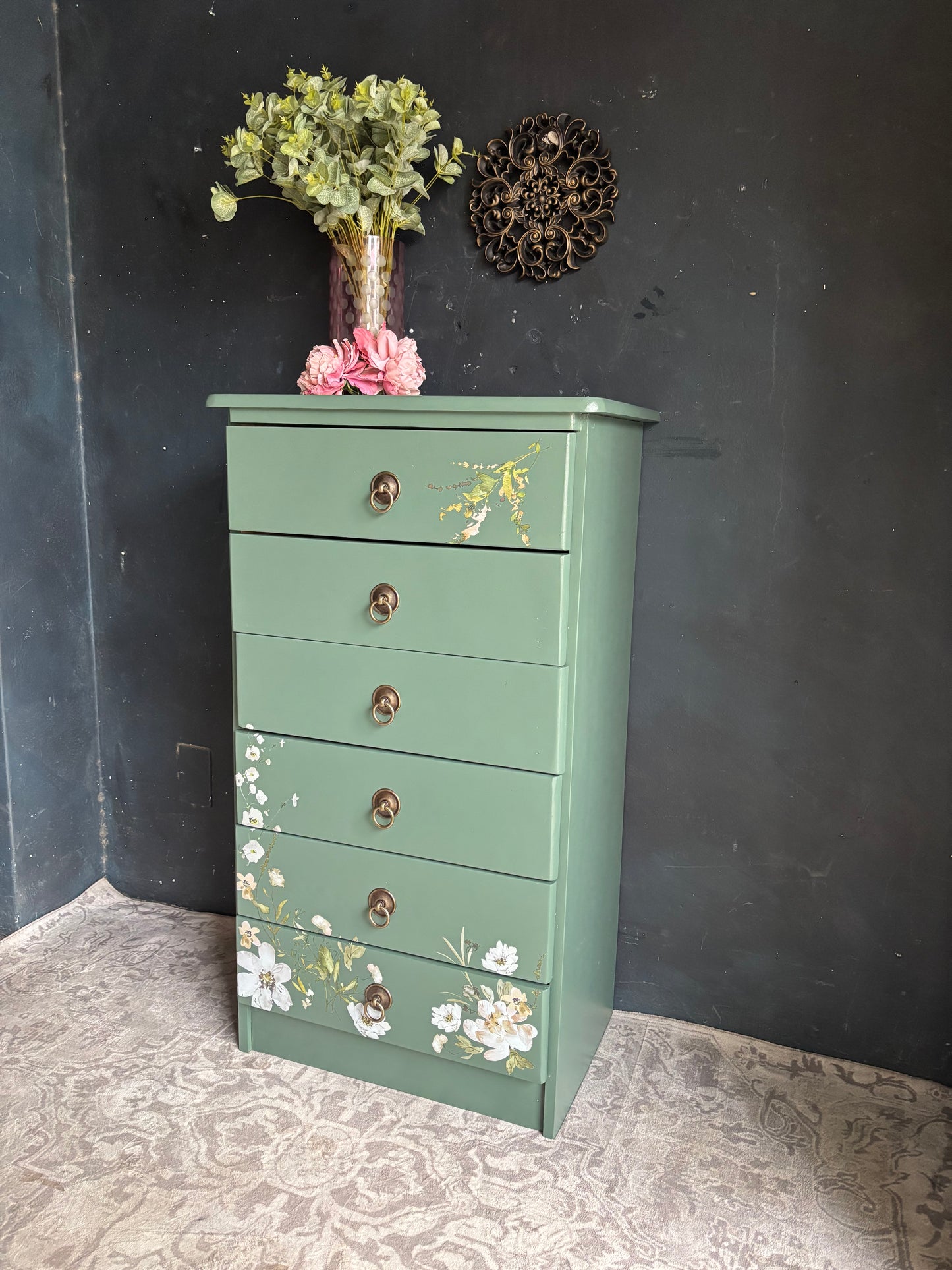 Floral Sage Green Tallboy Chest of Drawers
