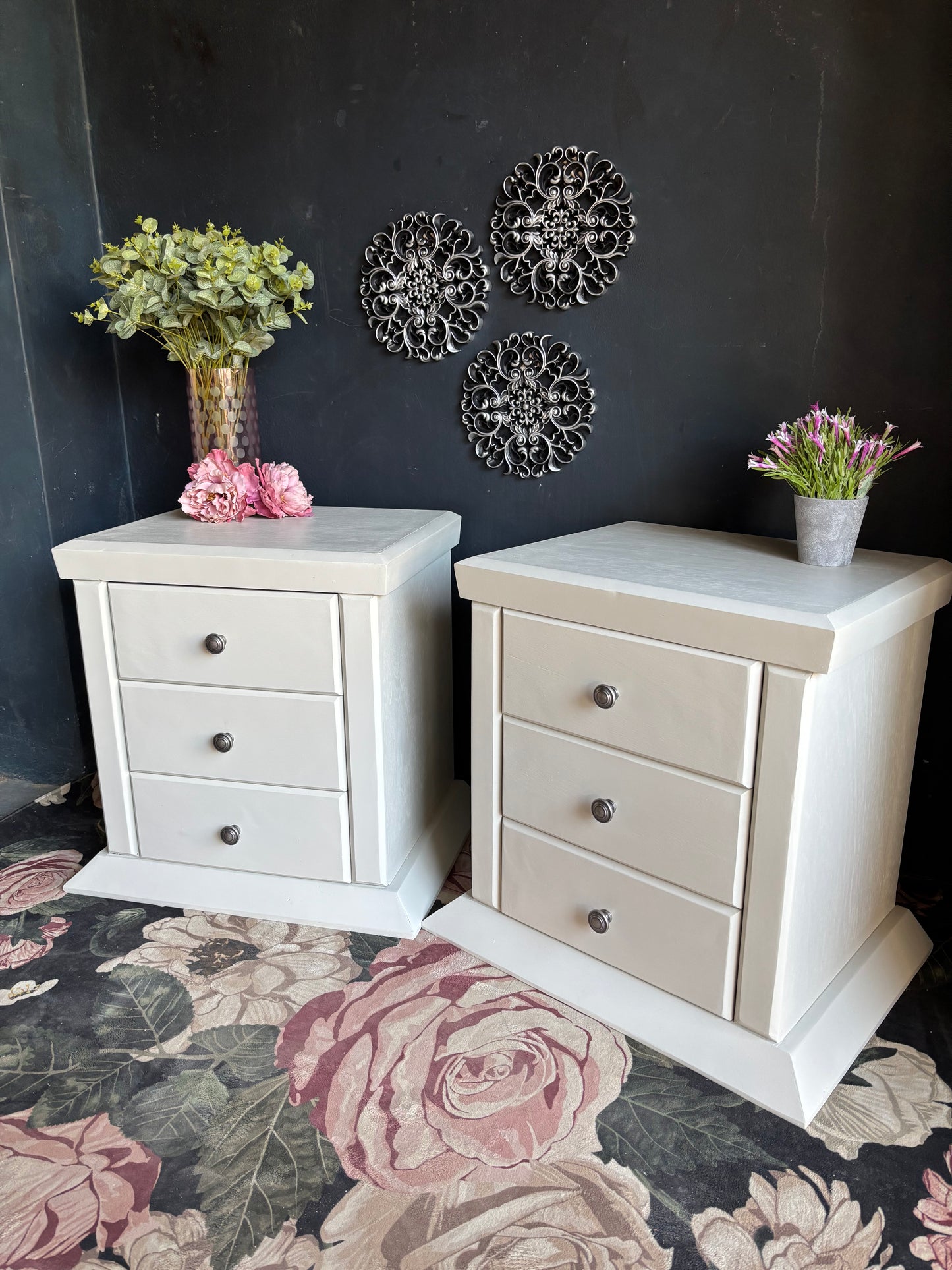 Pair of Soft White Three Drawer Bedside Tables