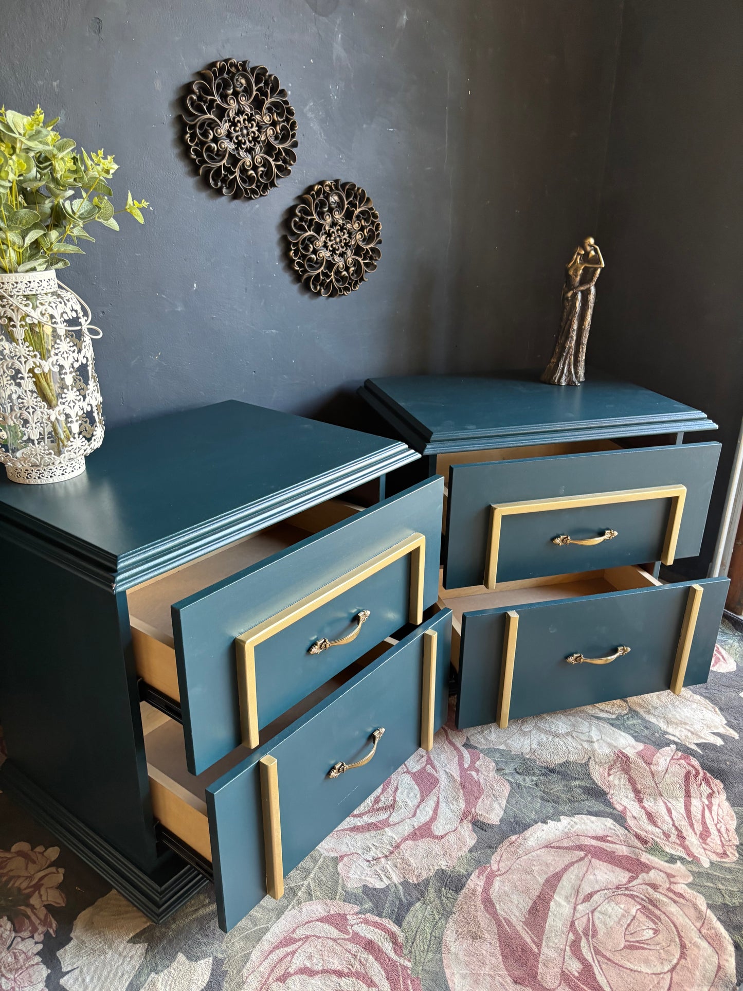 Teal & Gold Accent Bedside Tables (Set of 2)