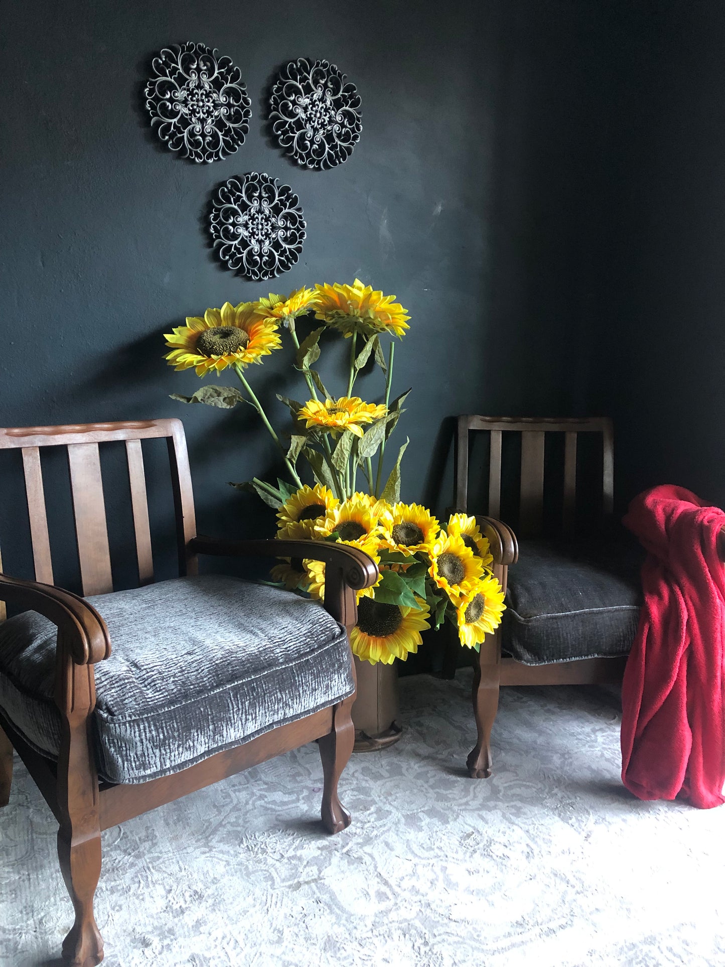 Vintage Carved Wood Armchairs – Velvet Textured Cushions