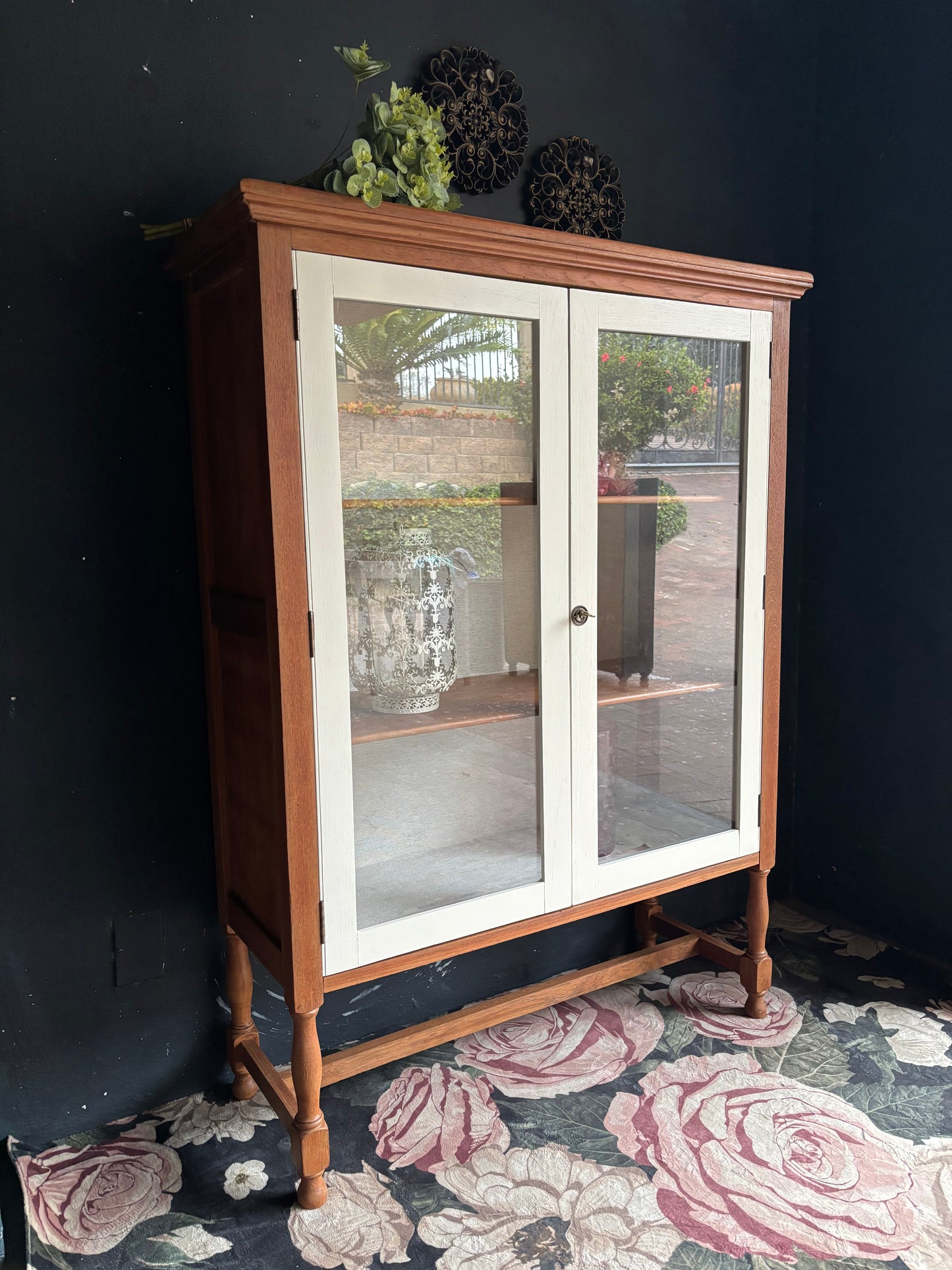 Vintage Teak & Linen Display Cabinet