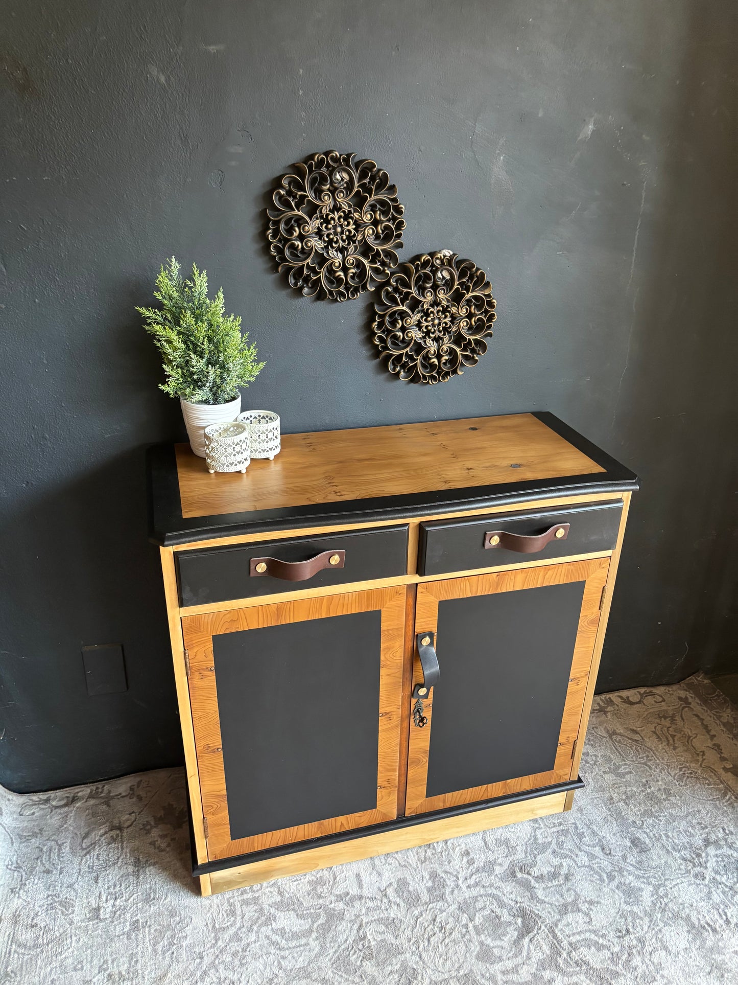 Two-Tone Cabinet with Leather Handles – Rustic Modern Charm