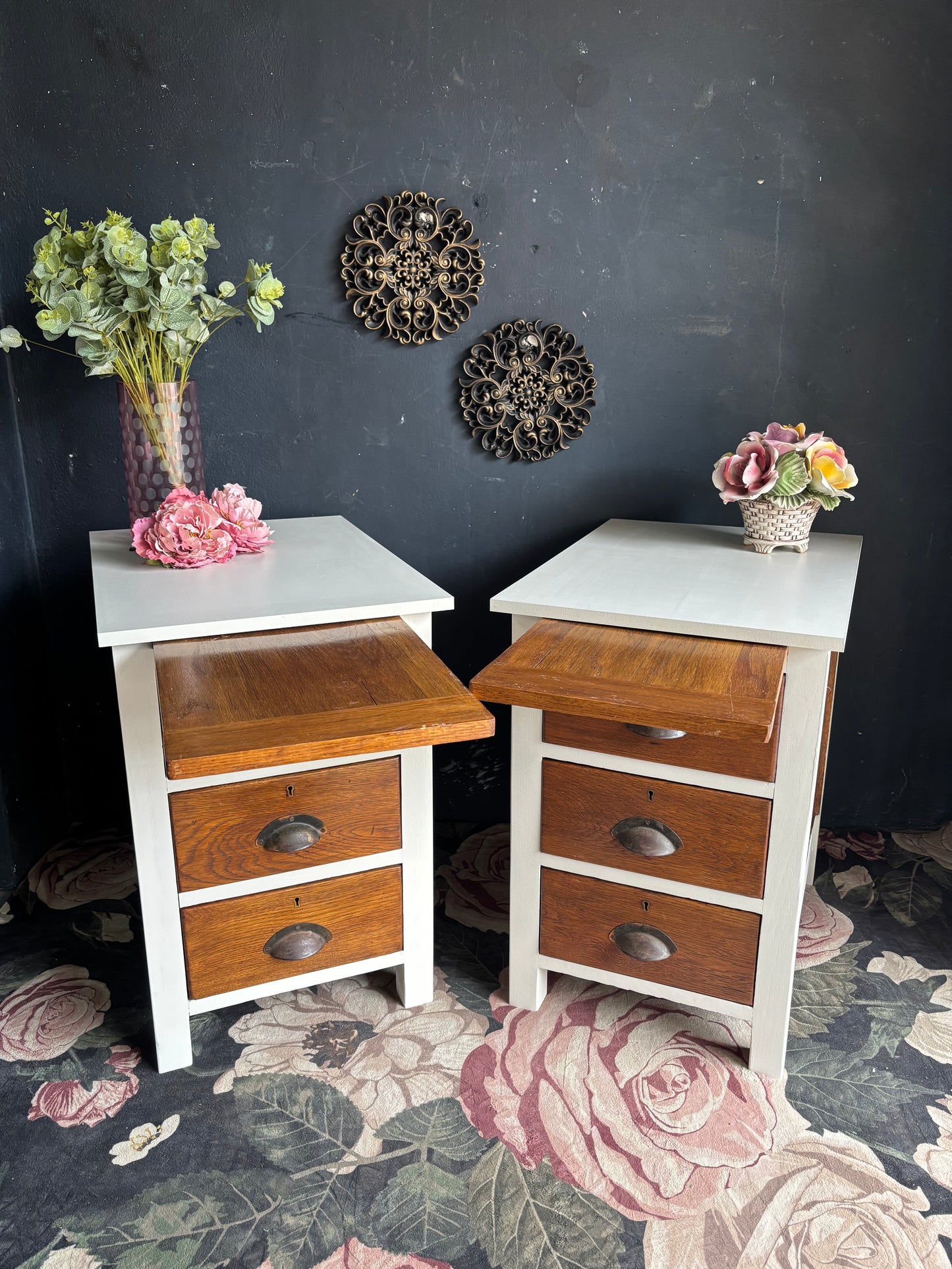 Vintage Oak & Soft White Bedside Tables (Pair)