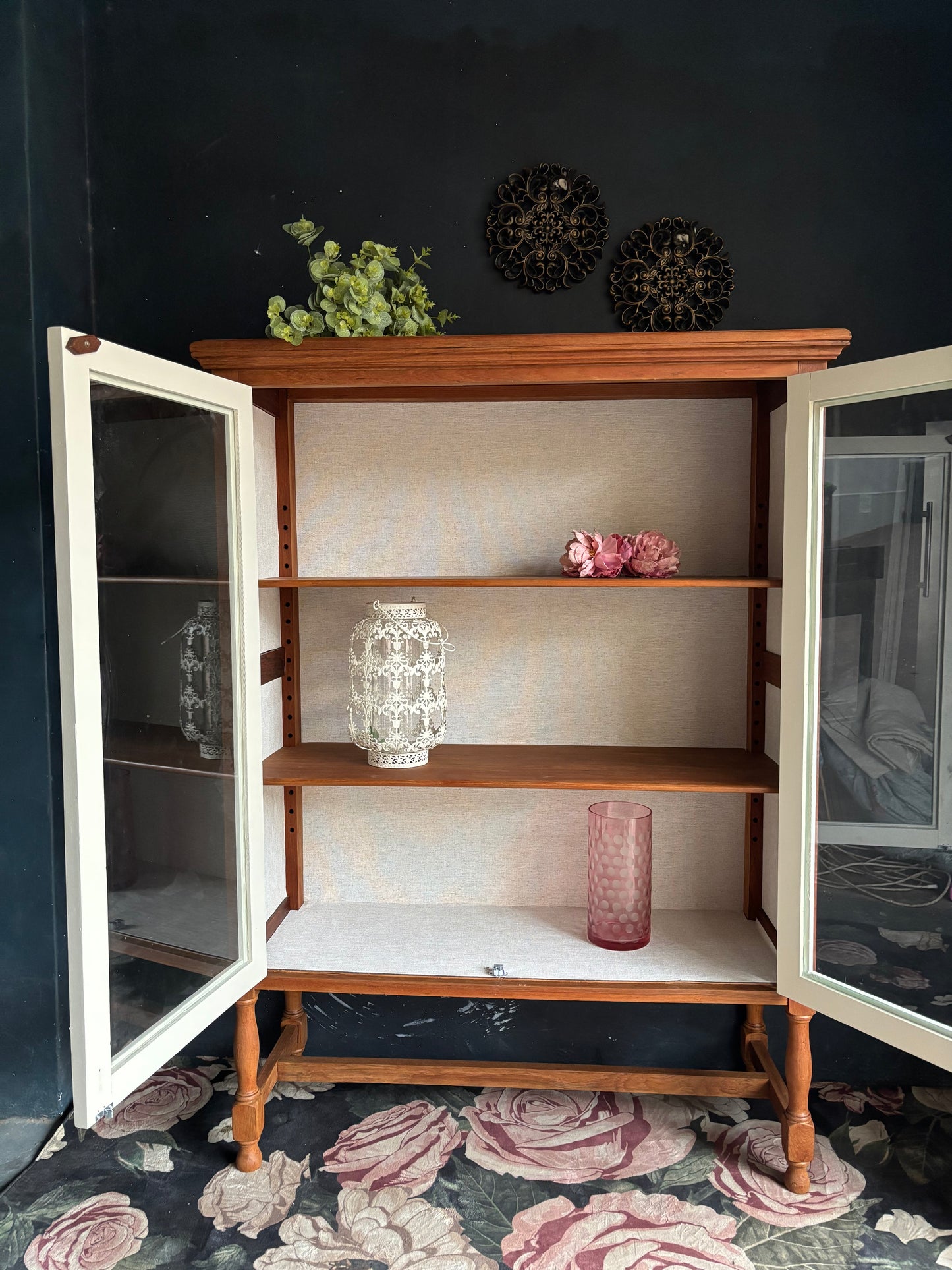Vintage Teak & Linen Display Cabinet