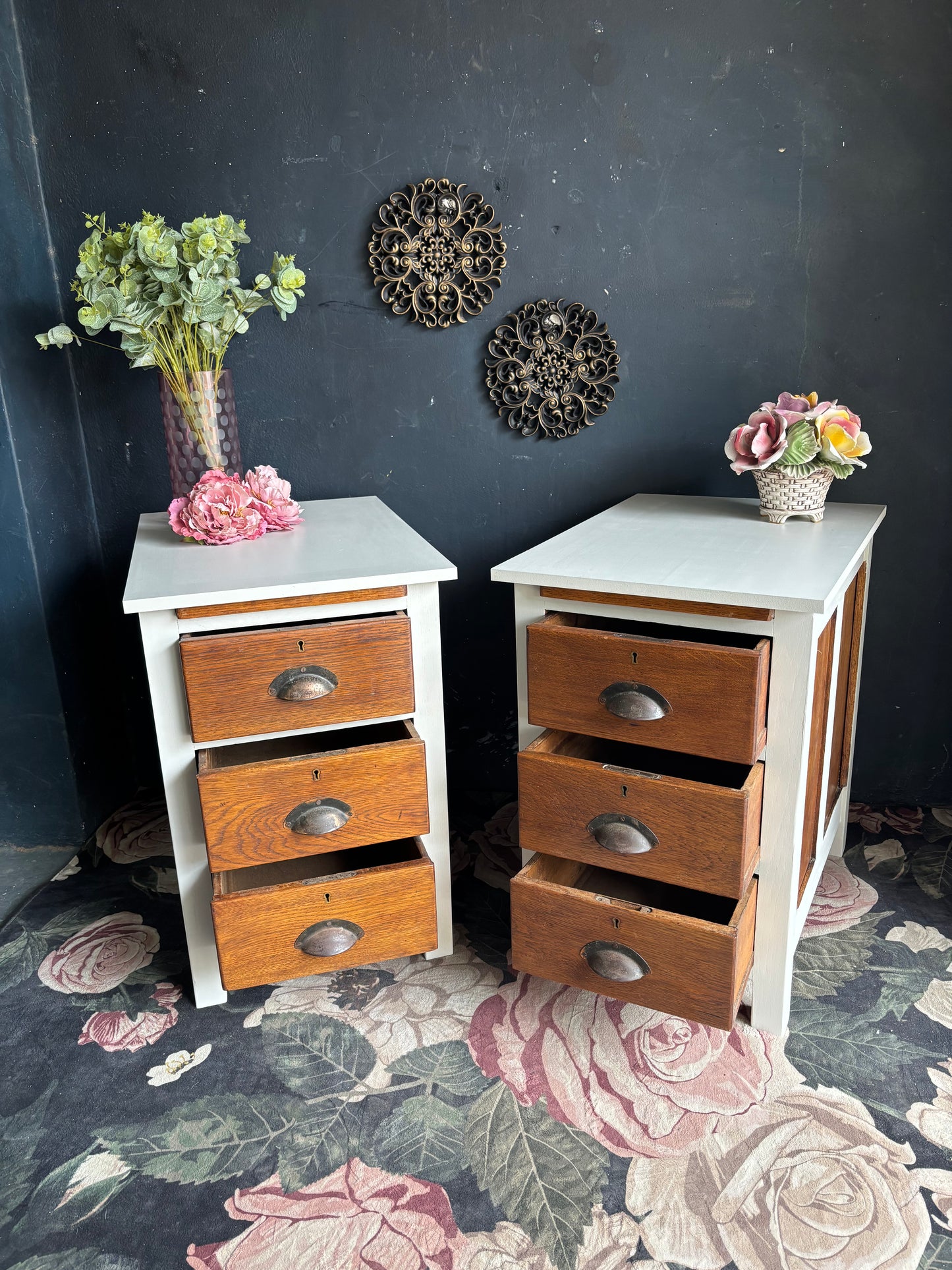 Vintage Oak & Soft White Bedside Tables (Pair)