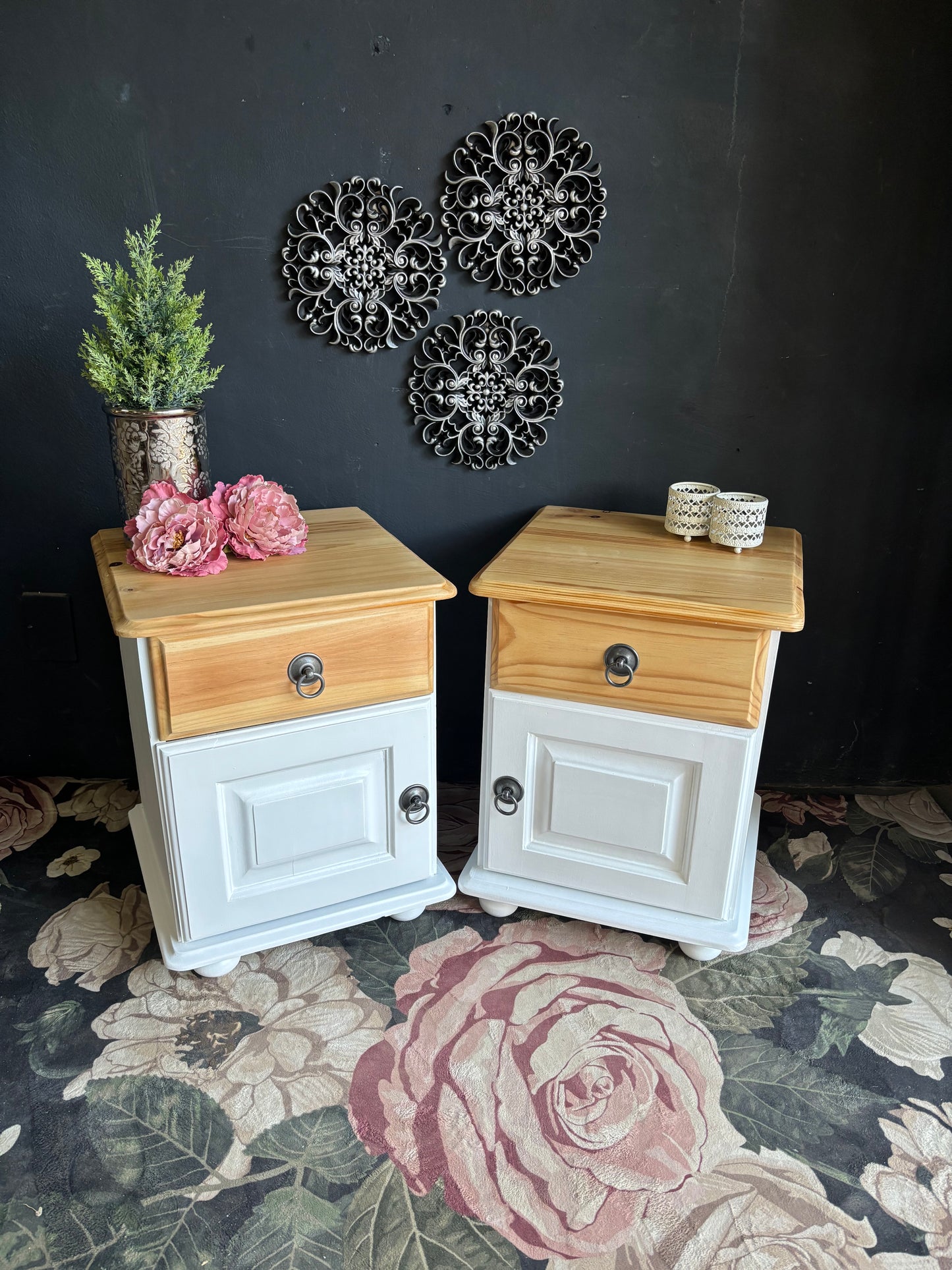 Pair of White & Pine Bedside Tables