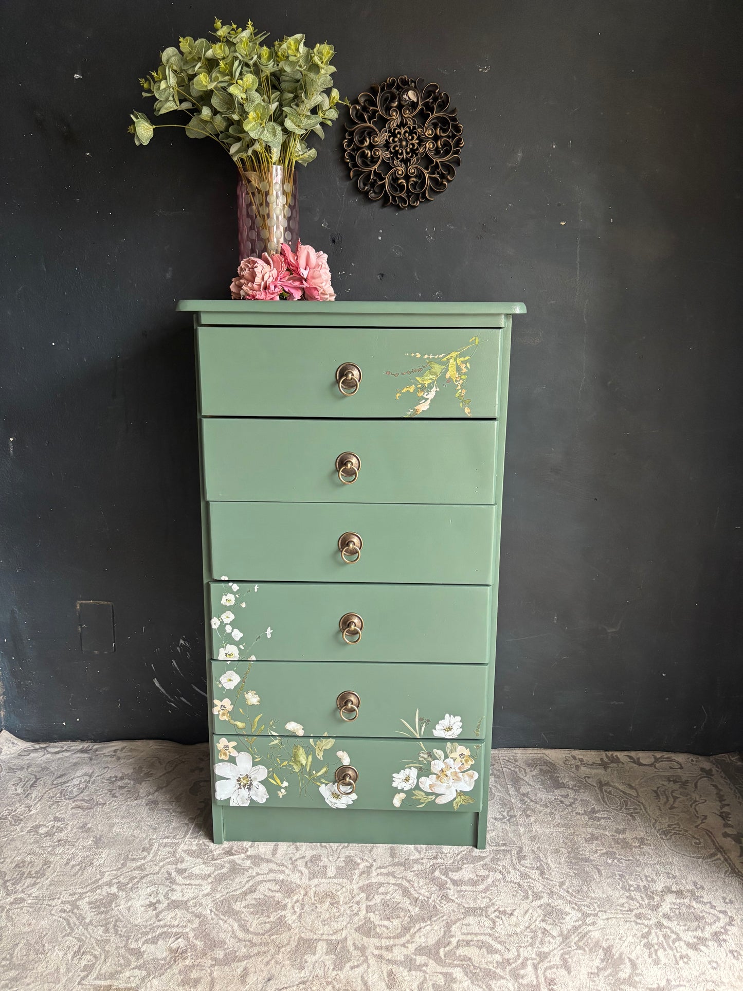 Floral Sage Green Tallboy Chest of Drawers