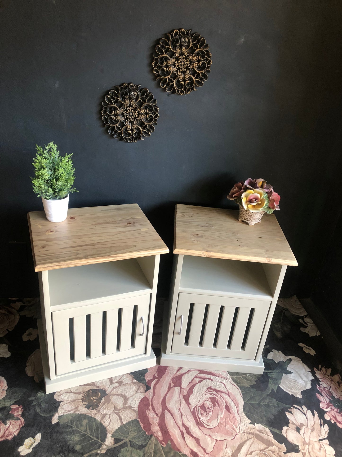 Pair of Bedside Tables with Slatted Door Design