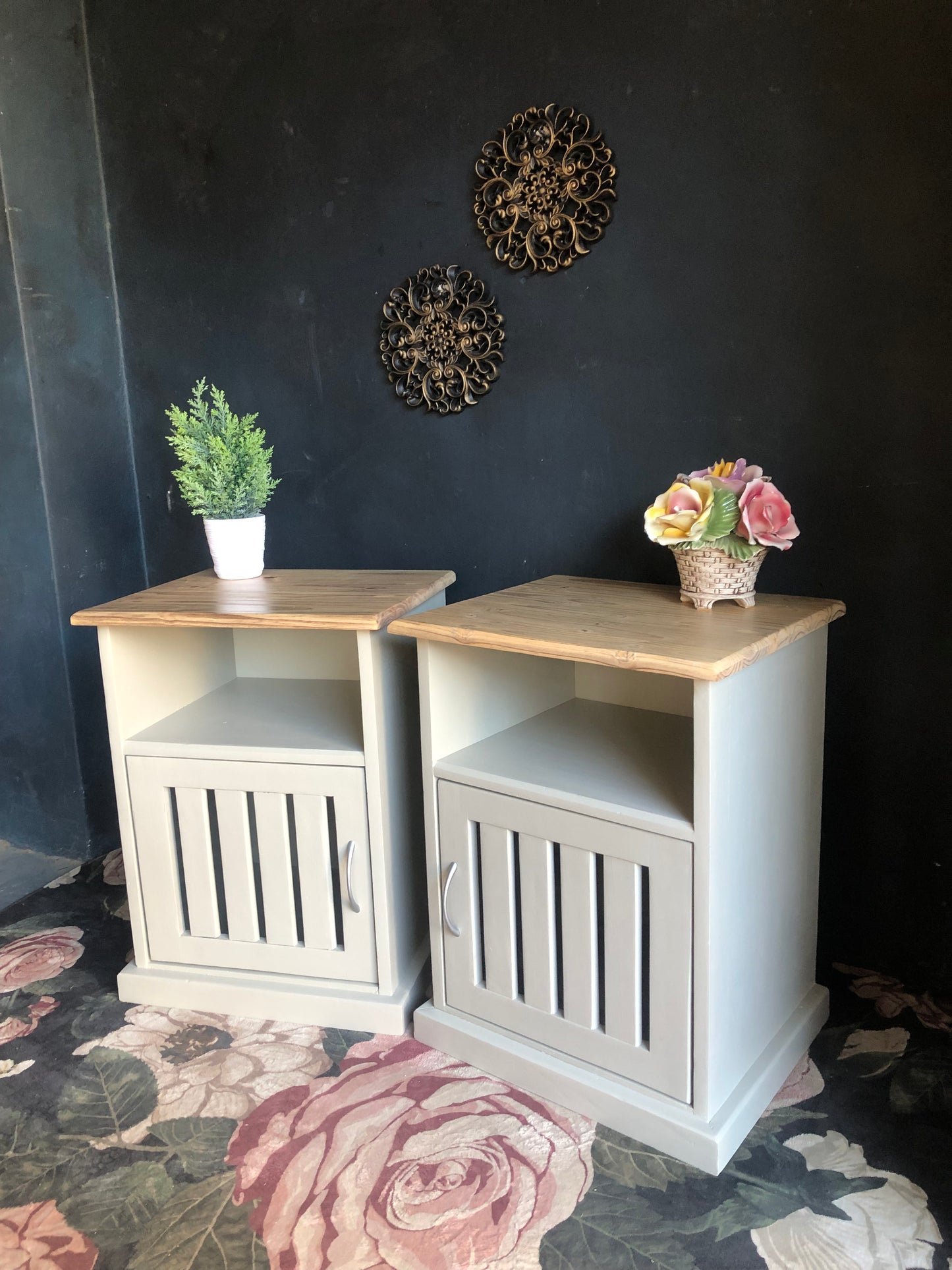 Pair of Bedside Tables with Slatted Door Design