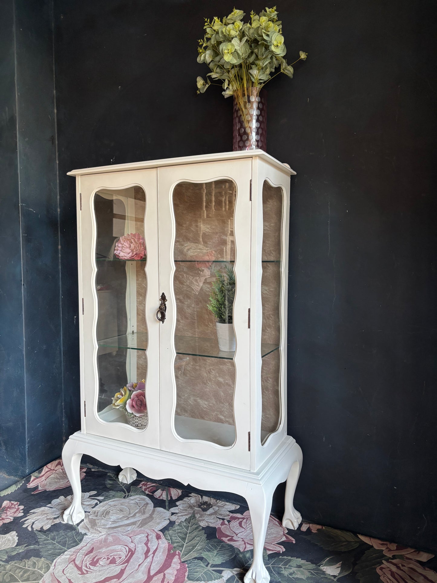 Vintage French Style Cream Glass Display Cabinet