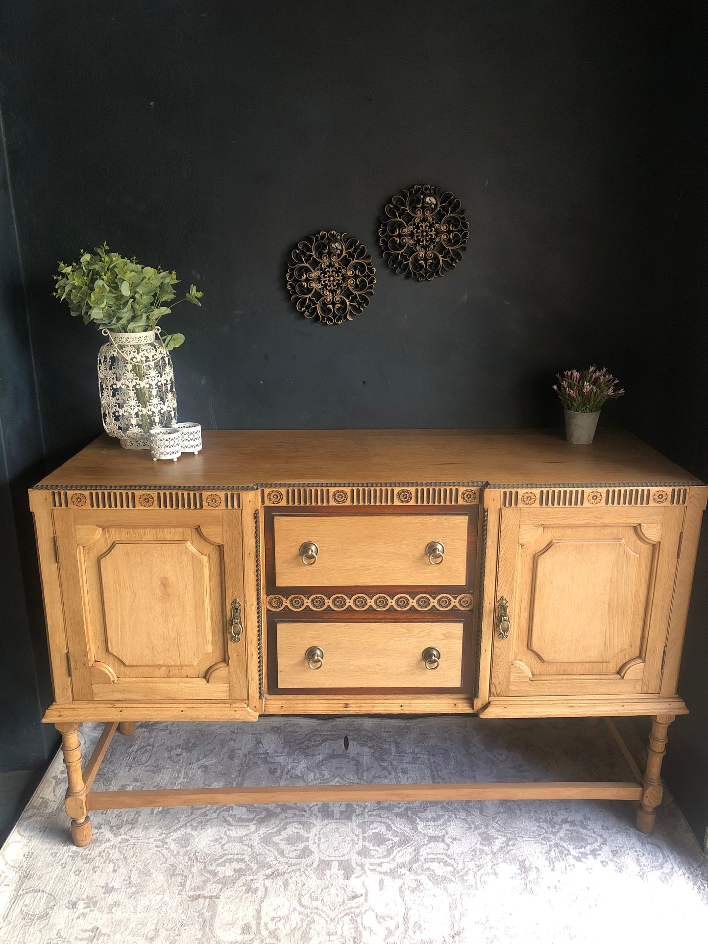 Solid Oak Vintage Sideboard with Carved Detail