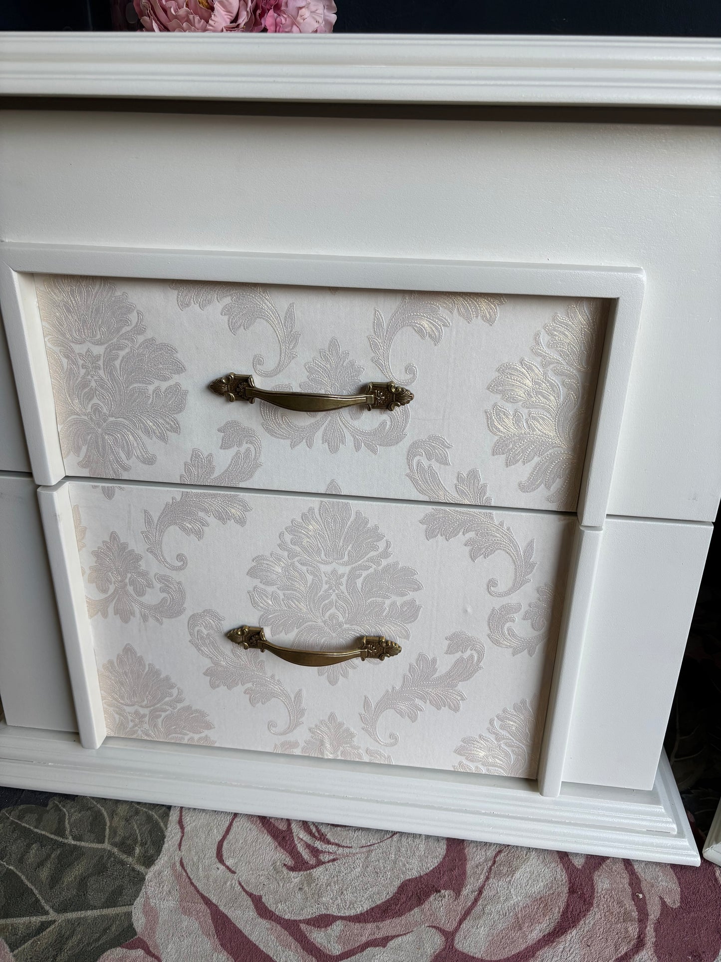 Elegant Oversized Cream Damask Nightstands (Set of 2)